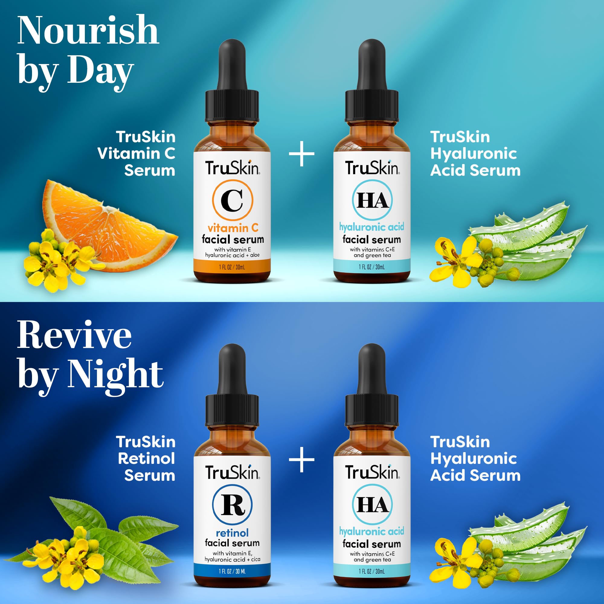 TruSkin Face Serum Trio – Vitamin C, Retinol & Hyaluronic Acid Anti-Aging Serums for Face – AM, PM & All-Day Skincare Routine – Brightening, Smoothing & Hydrating Facial Serums, 1 fl oz Each