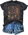 Women's Vintage Floral T Shirt Fall Boho Wildflower Graphic Loose Tees Short Sleeve Casual Tops (A1-Dark Grey7, L)
