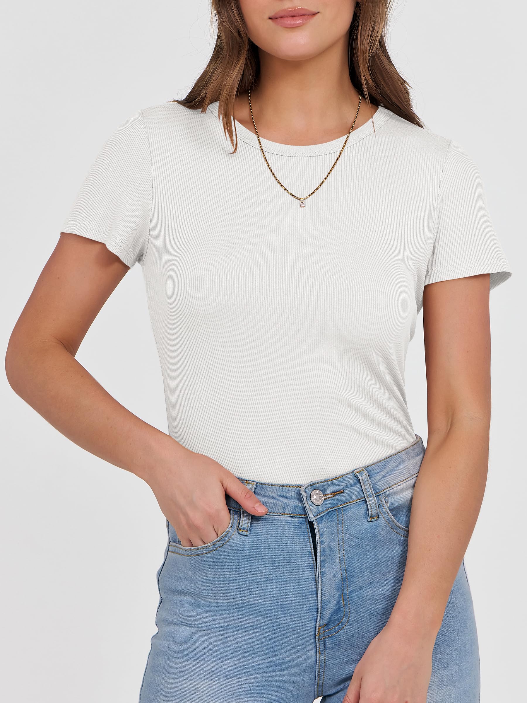 ANRABESS Women Short Sleeve Crewneck Ribbed Knit Slim Fitted Shirts Summer Tops Basic Tee Casual 2026 Spring Outfits Clothes White Large