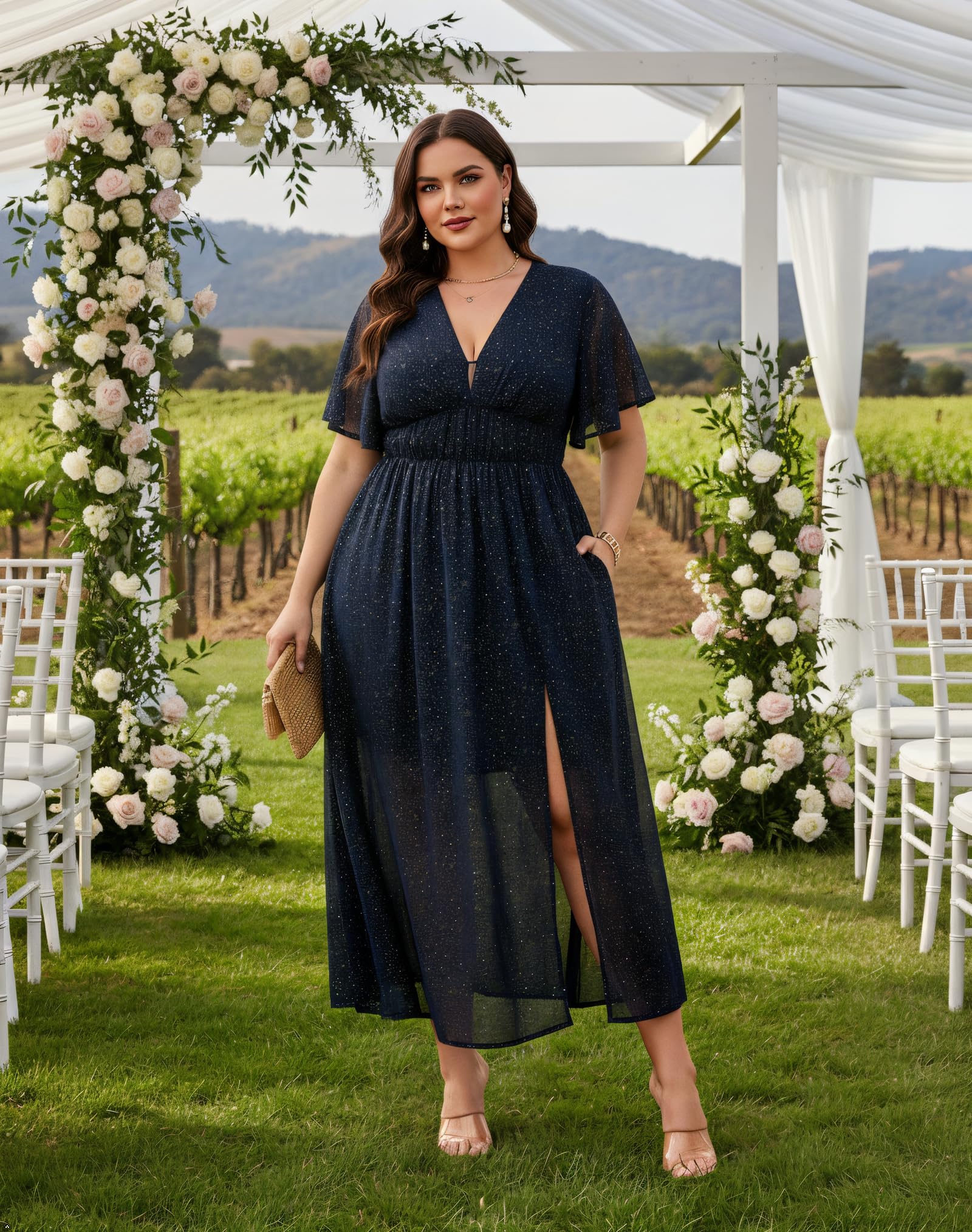 Mother of The Bride Dresses for Curvy Women Plus Size: Evening Dresses for Women Elegant Classy - Navy Chiffon Easter Dress - Spring Wedding Guest Dress