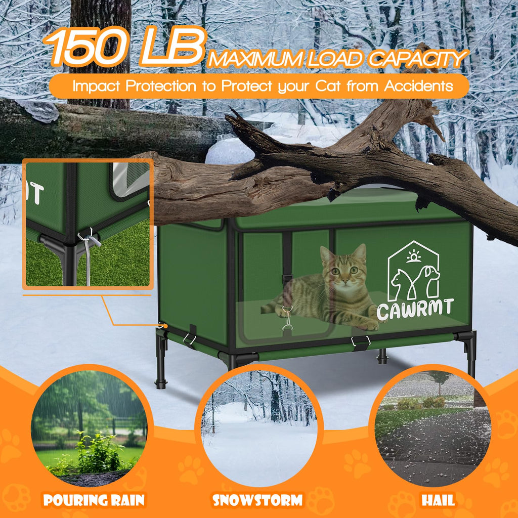 Outdoor Cat House, Waterproof Heated Elevated Cat House for Outside with a Heating Pad, Protect Stray Animal from Rain Snow Hailstone Easy Assembly (Green, Large-21.65 * 13.77 * 18.7)