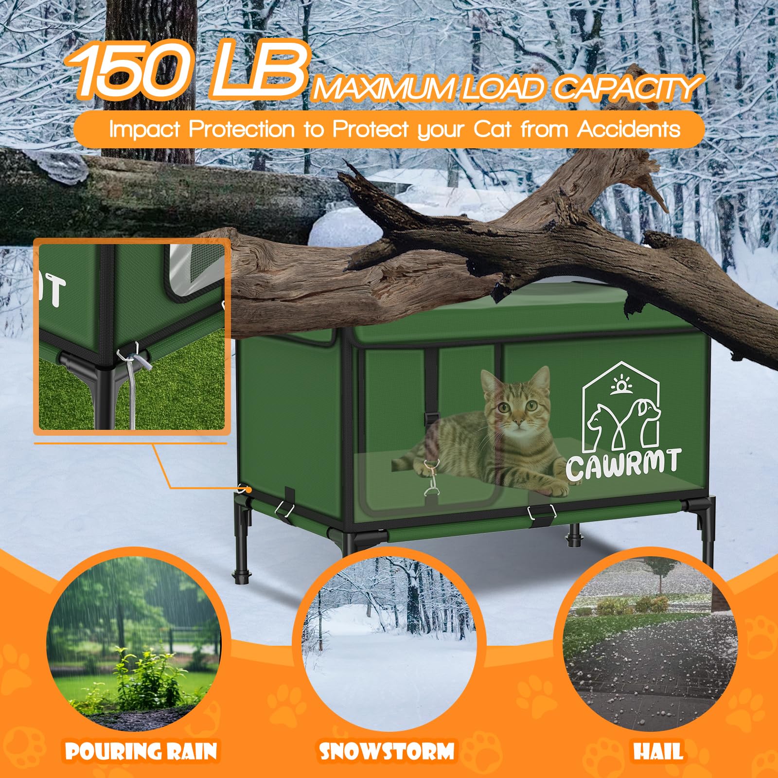 Outdoor Cat House, Waterproof Heated Elevated Cat House for Outside with a Heating Pad, Protect Stray Animal from Rain Snow Hailstone Easy Assembly (Green, Large-21.65 * 13.77 * 18.7)