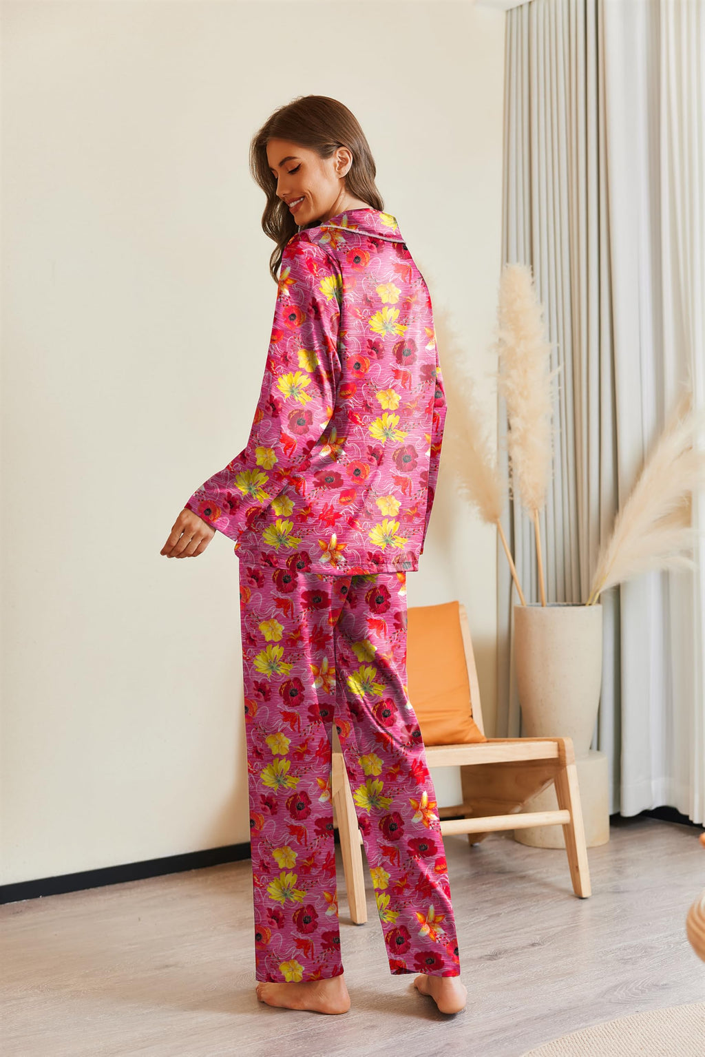 Ekouaer Pajamas For Women Set Silk Pjs 2 Piece Satin Sleepwear Long Sleeve Button Down Lounge Sets With Pant Rose Red Flower L