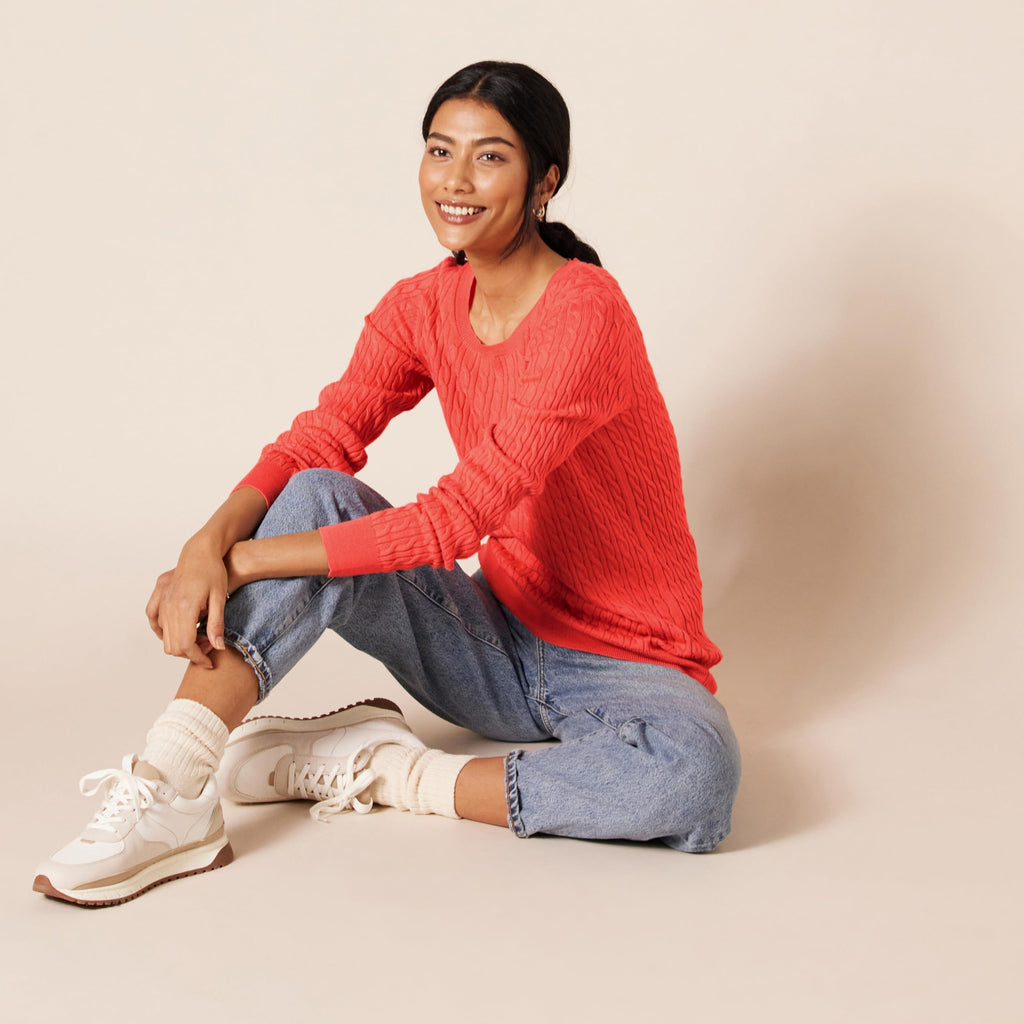 Amazon Essentials Women's Lightweight Long-Sleeve Cable Crewneck Sweater (Available in Plus Size), Coral Pink, Large