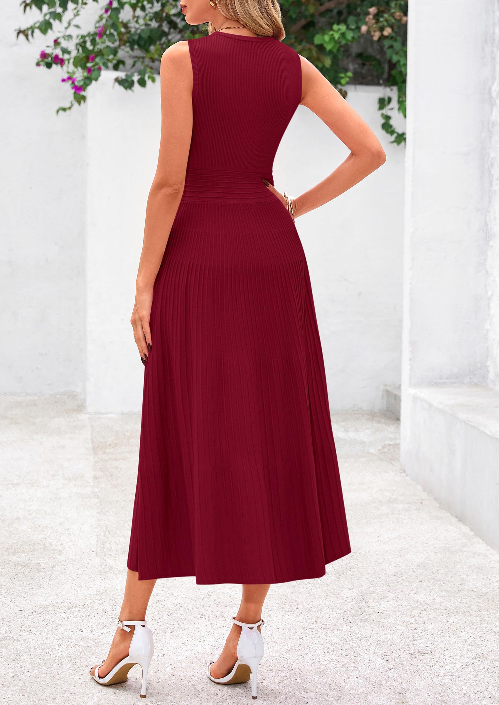 PRETTYGARDEN Spring Casual Dresses for Women 2026 Summer Business Work Midi Sleeveless A Line Pleated Cocktail Dress(Burgundy,X-Large)