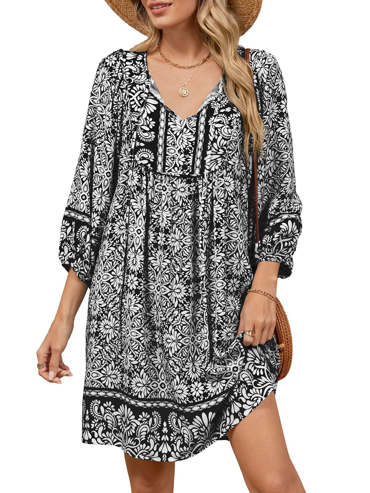 Qearal Summer Dresses for Women 2026 Vacation, 3/4 Sleeve Loose Tunic Dress Boho Beach Sun Dress Knee Length Black XL