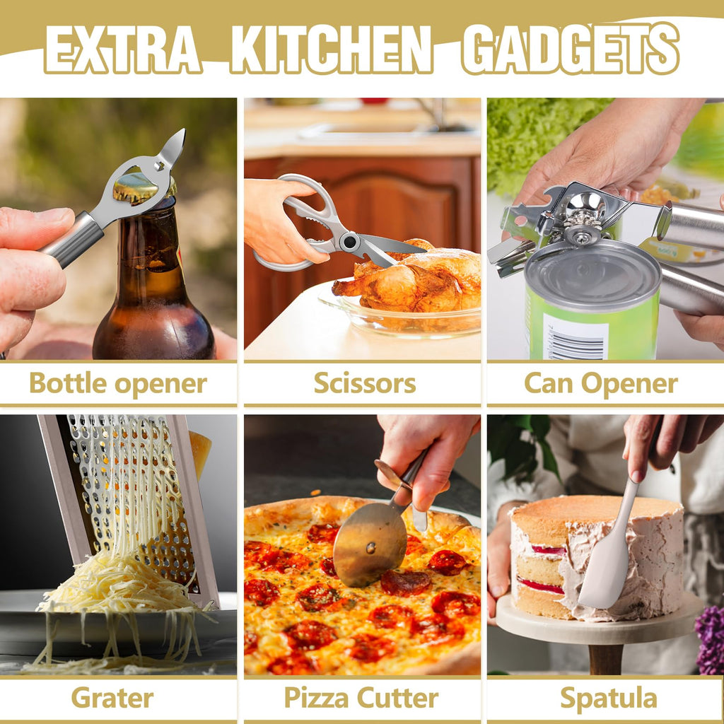 Cooking Utensils Set- Umite Chef Khaki Silicone Kitchen Utensils Set, 34PCS Heat Resistant Kitchen Gadgets Tools Set with Grater, Wooden Handle Kitchen Spatula Set for Nonstick Cookware
