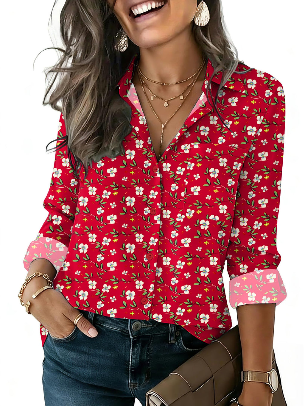 HOTOUCH Button Down Shirts for Women Red Floral Dressy Tops Long Sleeve Casual Blouses Spring Fashion S