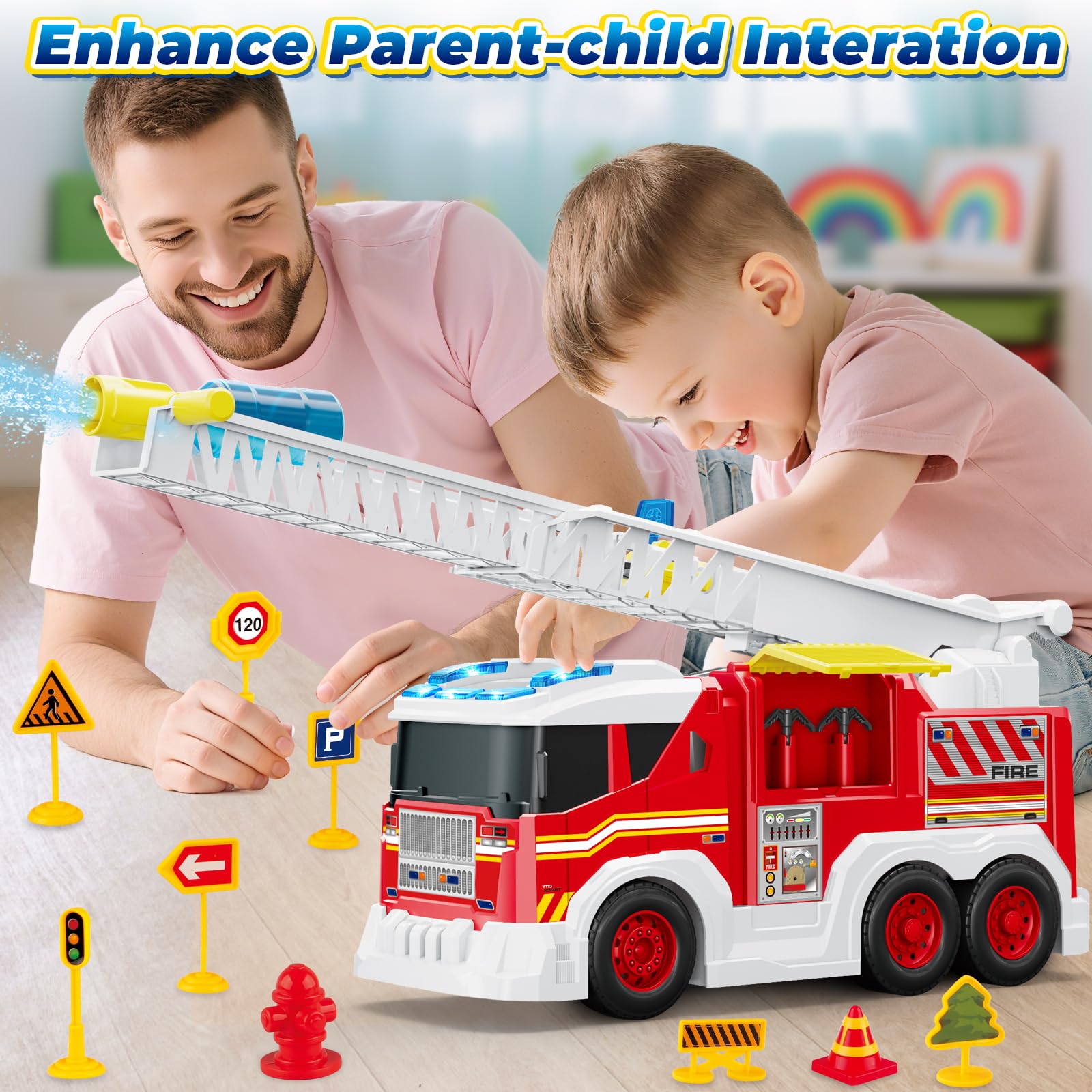 Fire Truck Toy for 3 4 5 6 Year Old Boy Gift, Toddler Toys For 3 4 5 Years Old Boy Christmas Birthday Gift, Indoor Firetruck Toy For Kids 3-6 Year Old Role Playing With Ladder, Sounds And Lights
