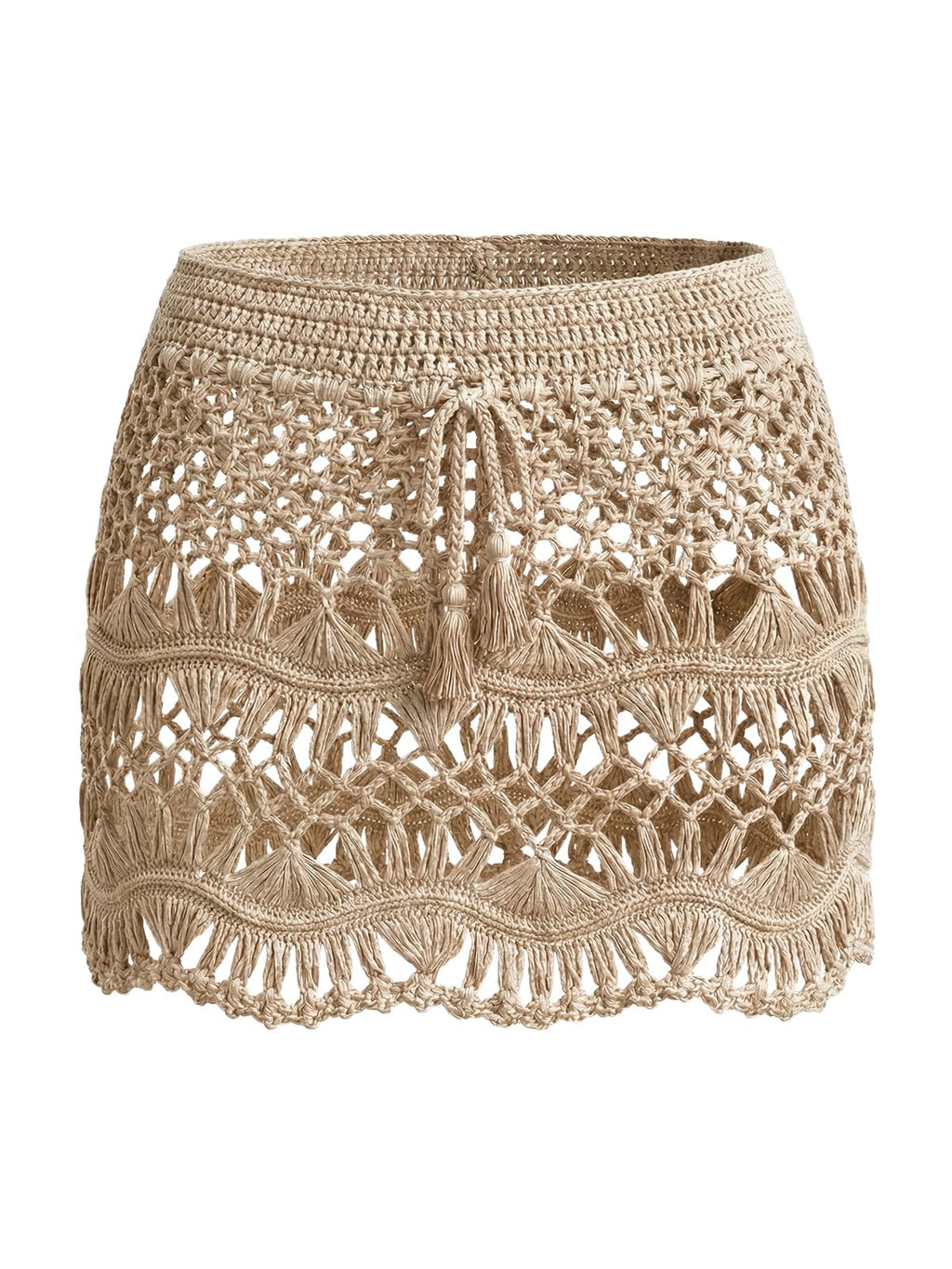 CUPSHE Women Crochet Coverup Skirt Drawstring Knit Mini Skirt Coverup for Swimwear Beige, S