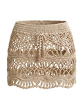 CUPSHE Women Crochet Coverup Skirt Drawstring Knit Mini Skirt Coverup for Swimwear Beige, S