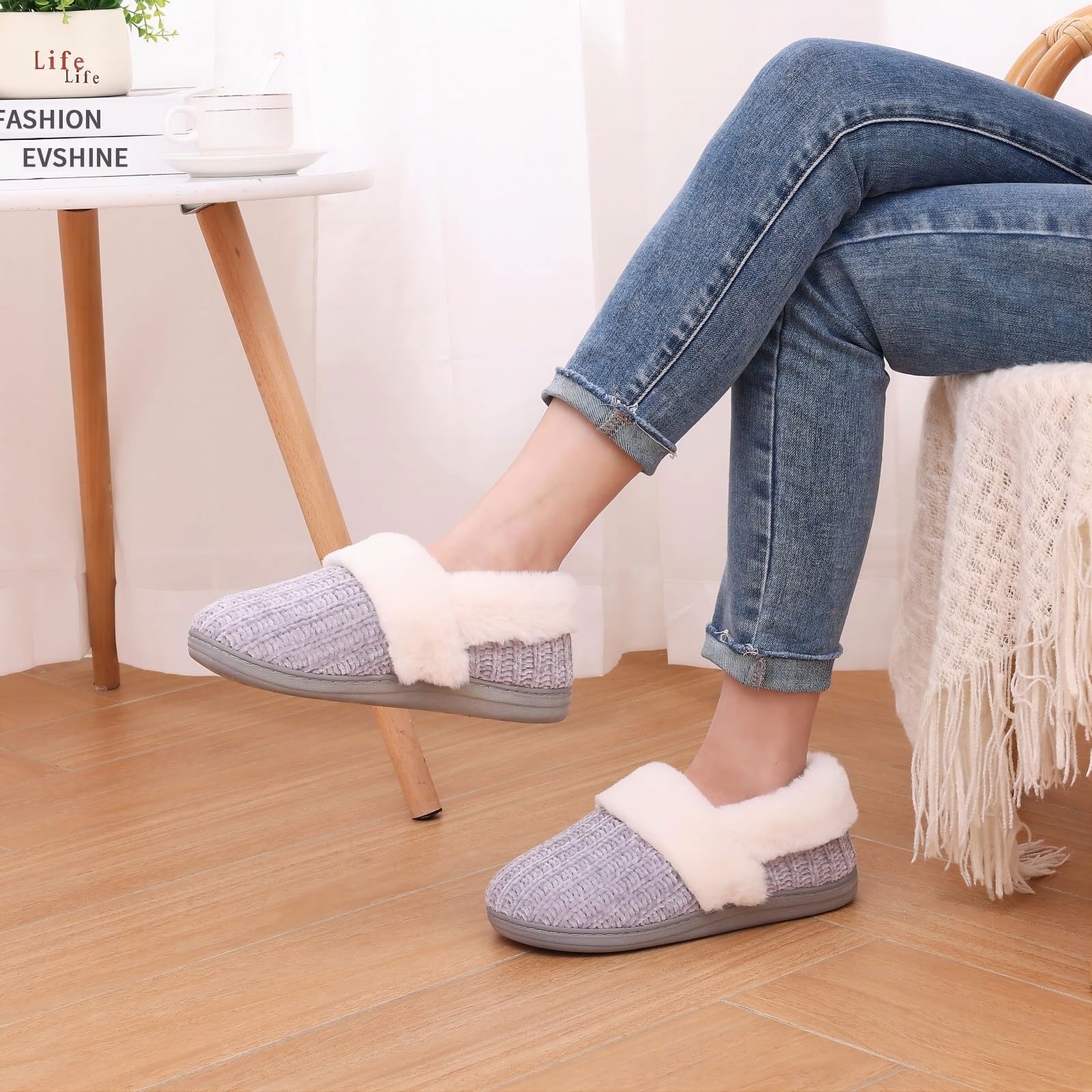 Evshine Women's Fuzzy Memory Foam Slippers, Closed Back Knit Bedroom Slippers, Slip-On Warm House Shoes for Indoor & Outdoor Comfort, Grey, 38-39 (Size 7-8)