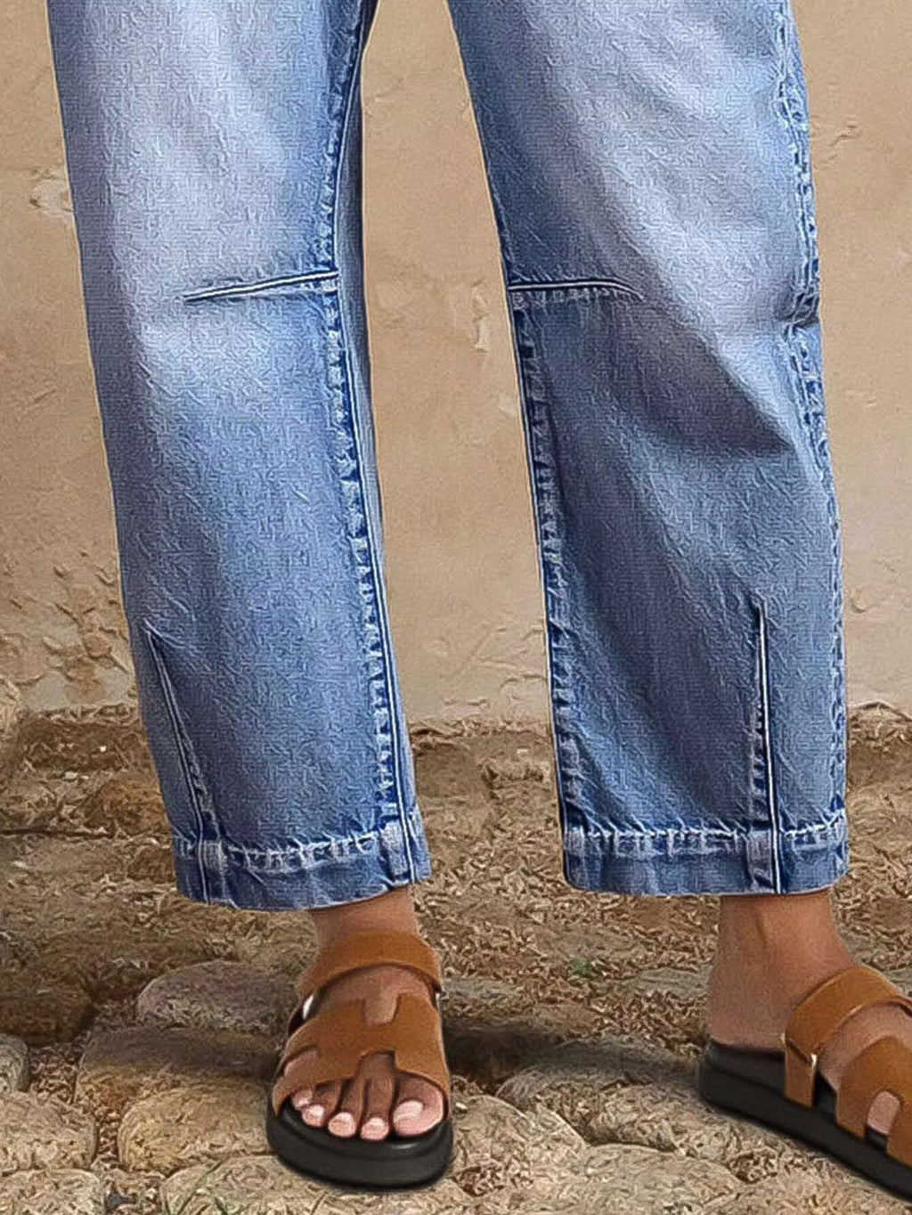 Flamingals Straight Leg Jeans for Women Mid Rise Barrel Cropped Casual Wash Stitch Detail Denim Jeans Without Belt Light Blue L