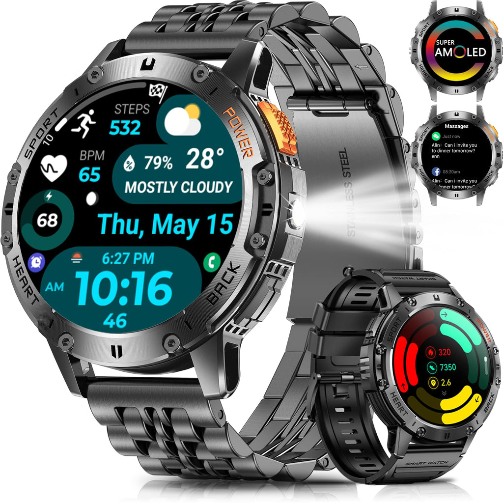 PODOEIL 1.43" AMOLED Smart Watch for Men with Flashlight, Bluetooth Calling, 110+ Sports Modes, IP68 Waterproof Fitness Tracker with 530mAh Battery, Heart Rate/SpO2/Sleep Monitor, Android & iOS