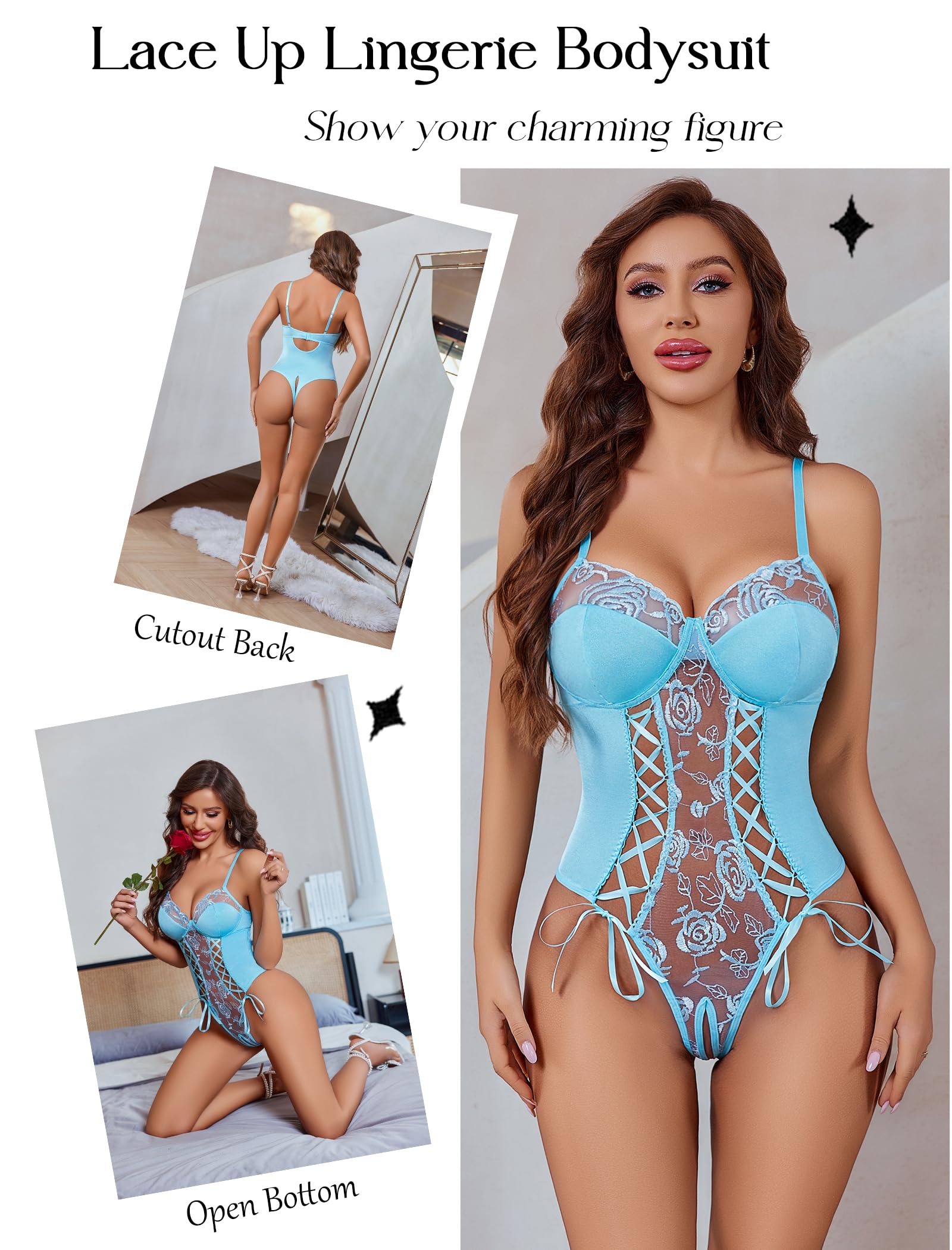 Avidlove Women's Lace Up Front V Neck Bustier Lingerie Sexy One Piece Teddy Lingerie Bodysuit Boudoir Outfit Light Blue Large