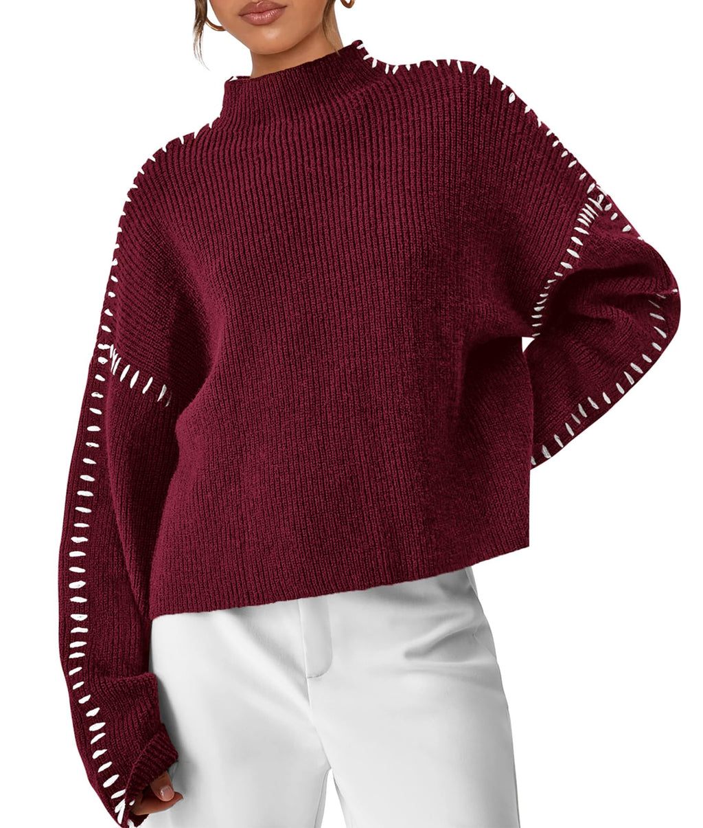 PRETTYGARDEN Women's Chunky Knit Sweaters 2026 Fall Long Sleeve Mock Neck Oversized Pullover Tops Winter Fashion Clothes (Wine Red,Large)