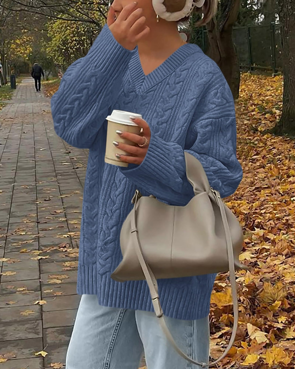 Okiwam Women's Oversized Sweaters Long Sleeve V Neck Cable Knit Pullover Tops Fall Outfits Spring Fashion Clothes 2026-L Blue