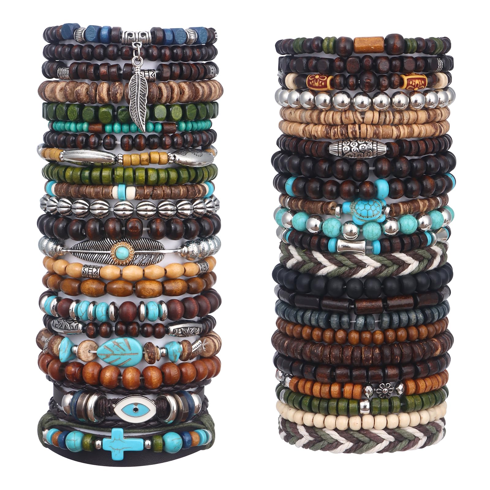 Giovanchi 44 PCS Beaded Bracelets for Mens Larger Size Women Adjustable Boho Punk Braided Wooden Bead Bracelet Bulk Wood Bangles Wristbands Meaningful Jewelry Gift