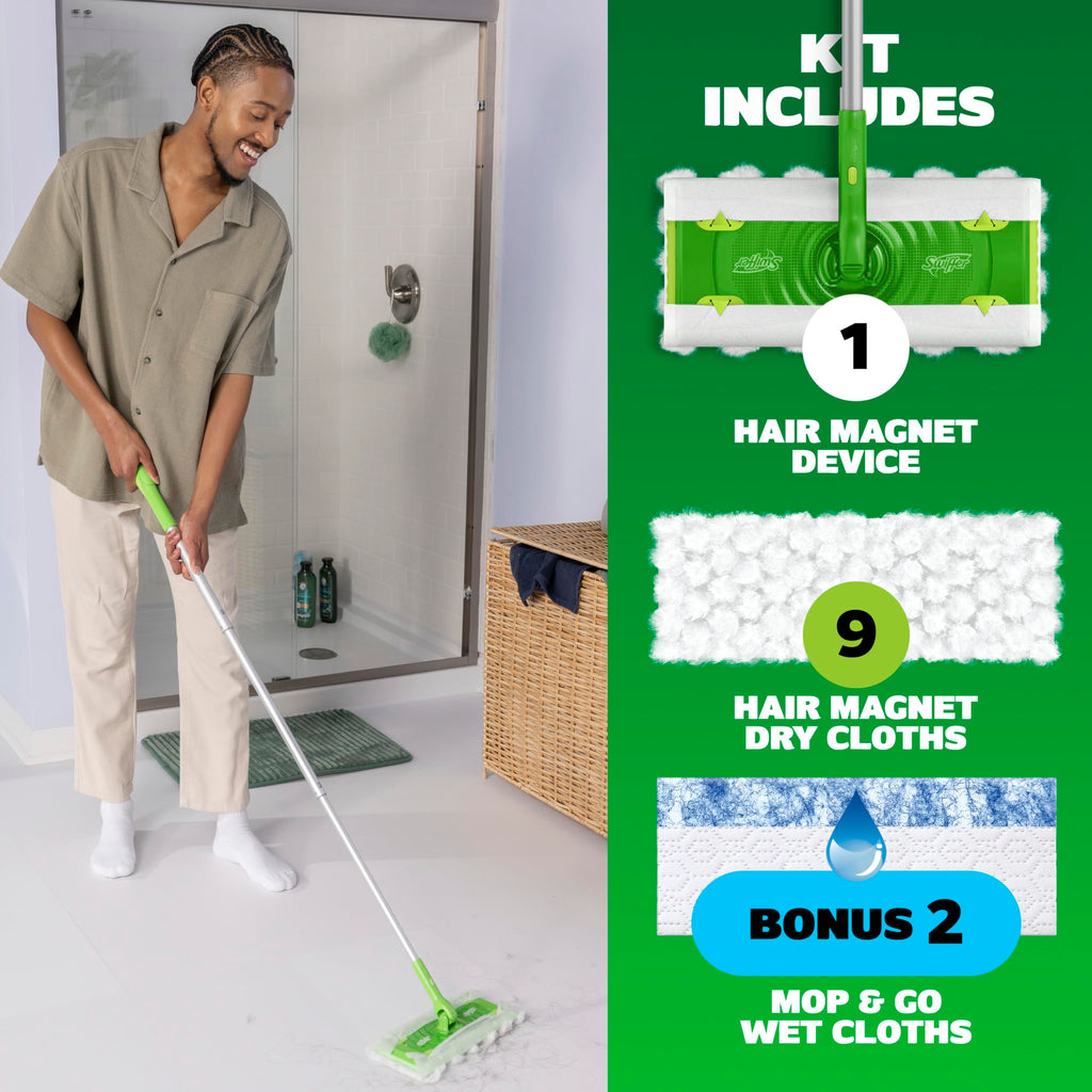 Swiffer Hair Magnet Deluxe Starter Kit with Collapsible Pole, 9 Hair Magnet Dry Cloths, 2 Bonus Mop & Go Wet Cloths