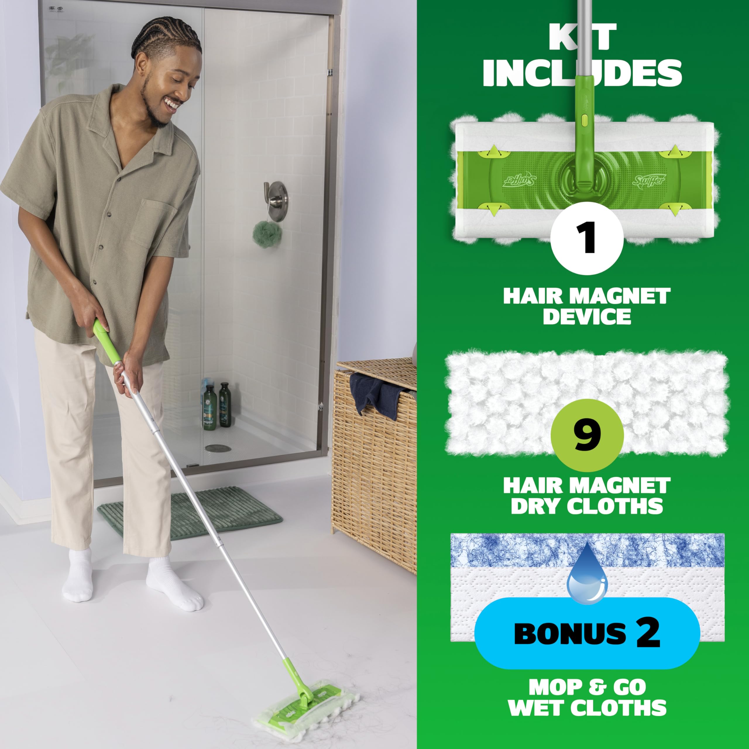 Swiffer Hair Magnet Deluxe Starter Kit with Collapsible Pole, 9 Hair Magnet Dry Cloths, 2 Bonus Mop & Go Wet Cloths