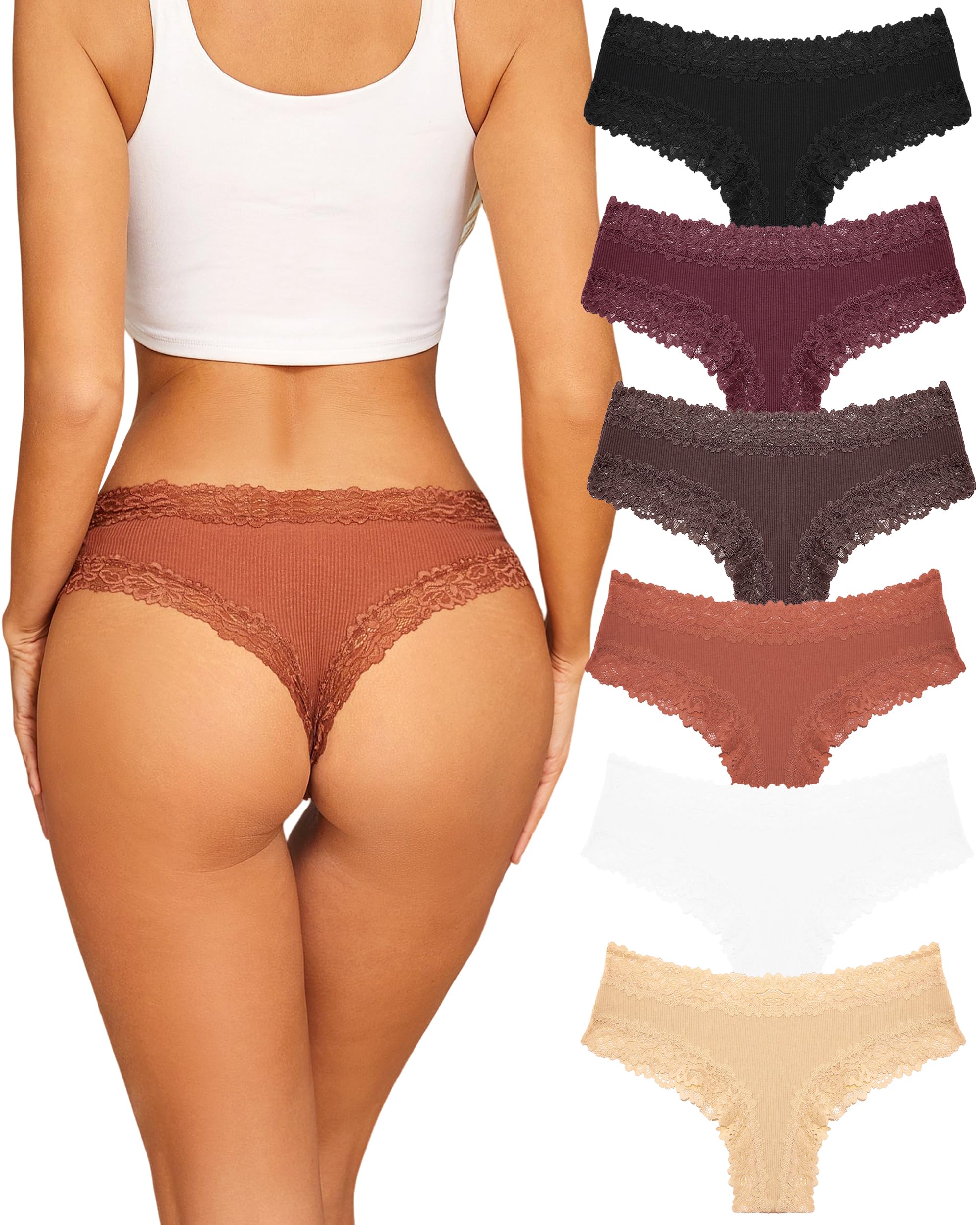 Sth Big Womens Cotton Underwear Sexy Lace Brazilian Panties Soft Breathable Cotton Cheeky Underwear for Ladies 6 Pack (6A, Large)