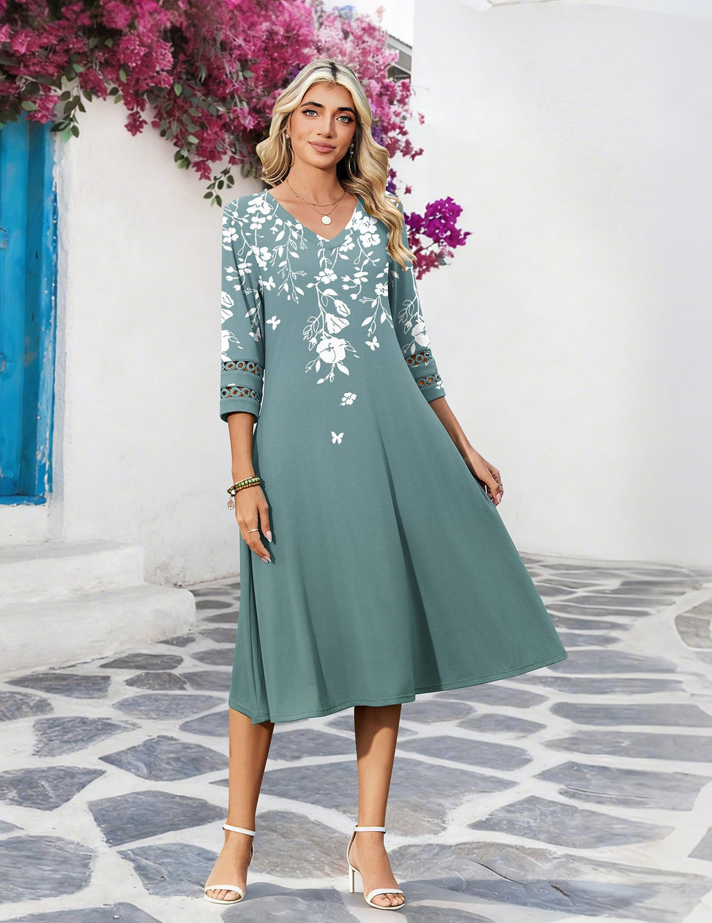 Zeagoo Summer Dress for Women Floral 3/4 Sleeve Midi Length Aline Elegant Loose Dress with Pockets Floral Print M