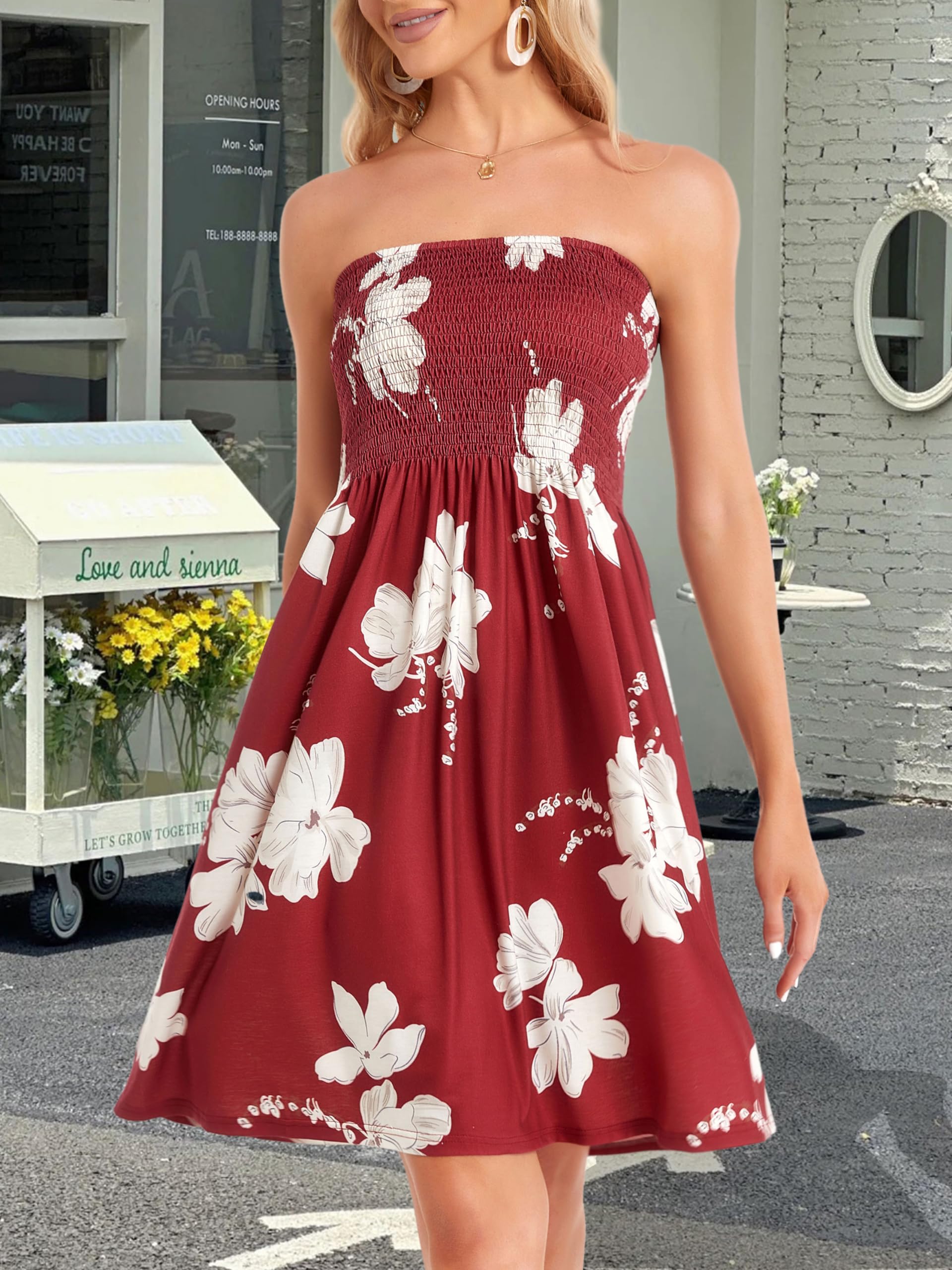 Sundresses for Women Casual Beach Summer Strapless Coverups Tube Tops Off The Shouder Dresses (WineRed,M)