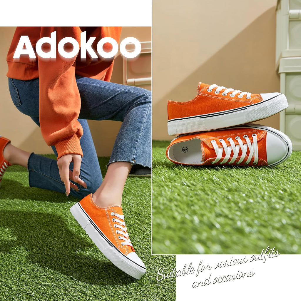 Adokoo Canvas Tennis Shoes for Women Low Top Casual White Black Sneakers for Women Lace Up Fashion Comfortable Walking Shoes (Orange,7.5)