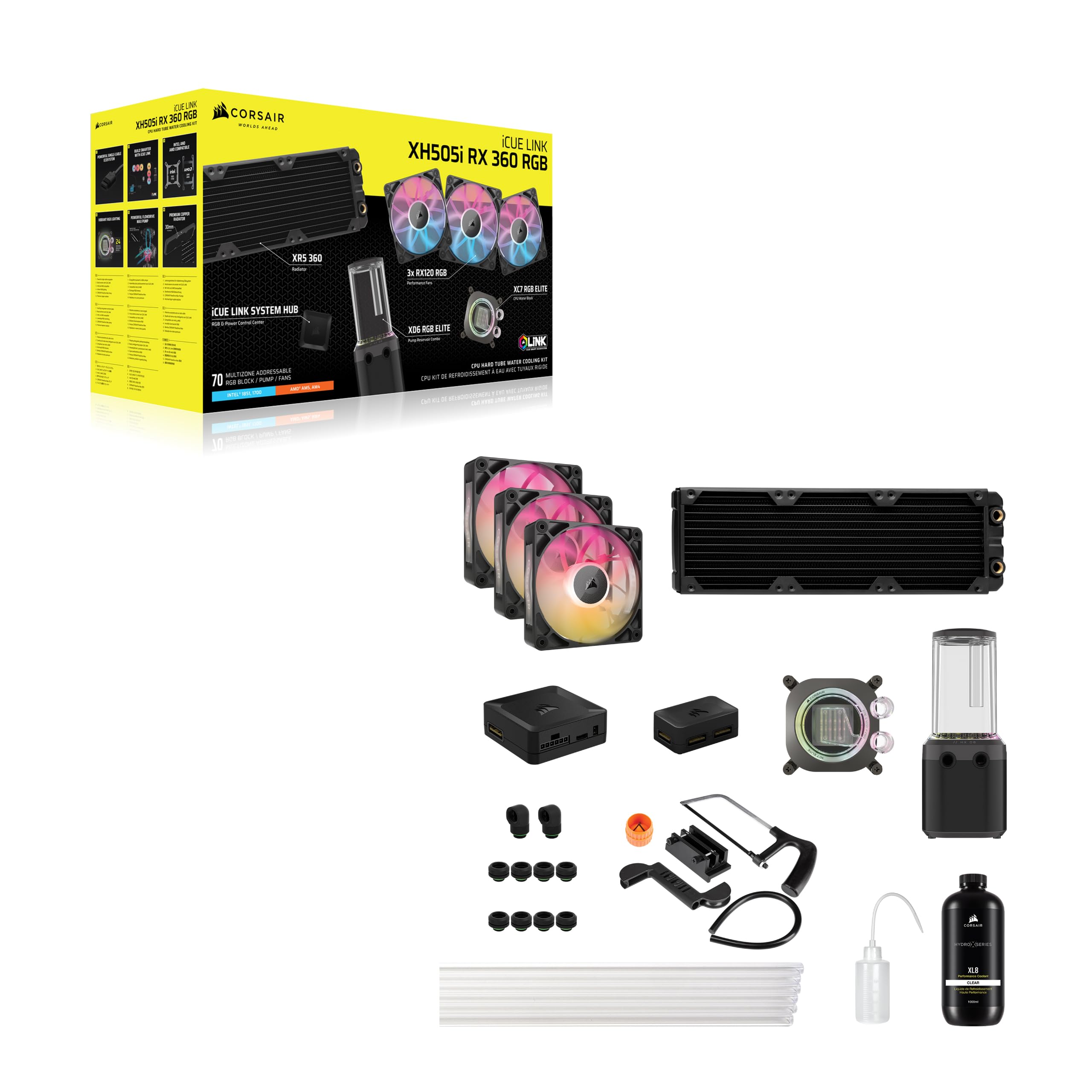 CORSAIR XH505i RX 360 RGB Custom Cooling Kit – XC7 CPU Water Block, XD6 Pump Reservoir, 3X RX120 RGB Fans, XR5 360mm Radiator, System Hub Included – Black