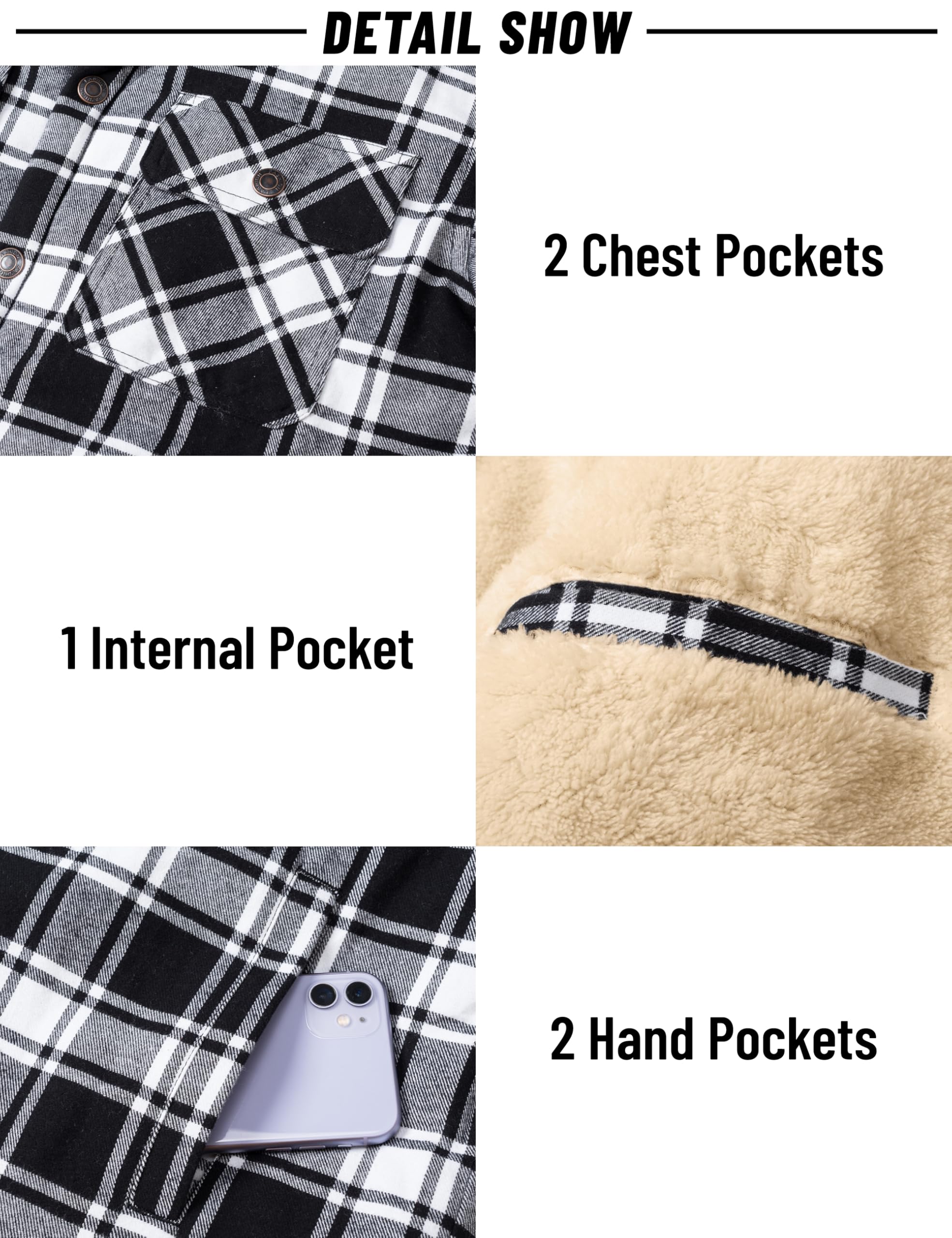 MAGNIVIT Men's Flannel Plaid Jacket Warm Sherpa Lined Fleece Hoodies for Men Thick Jackets Winter Coat BlackWhite