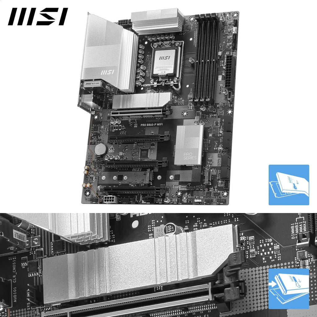 MSI PRO B860-P WiFi Motherboard, ATX - Supports Intel Core Ultra Processors (Series 2), LGA 1851-12 DRPS, DDR5 Memory Boost (8600+ MT/s OC), PCIe 5.0 x16 & 4.0 x16, M.2 Gen5, Wi-Fi 7, 5G LAN
