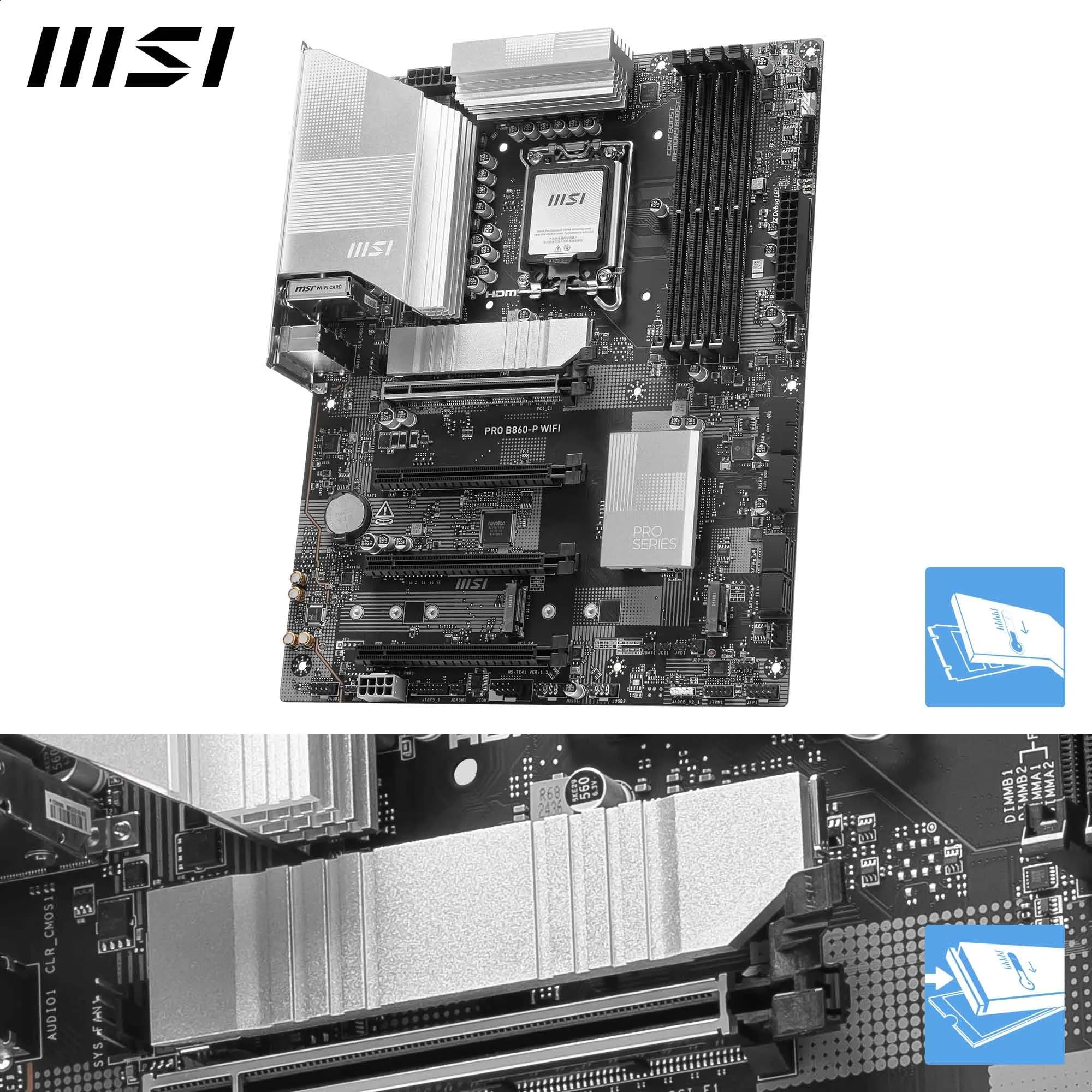 MSI PRO B860-P WiFi Motherboard, ATX - Supports Intel Core Ultra Processors (Series 2), LGA 1851-12 DRPS, DDR5 Memory Boost (8600+ MT/s OC), PCIe 5.0 x16 & 4.0 x16, M.2 Gen5, Wi-Fi 7, 5G LAN