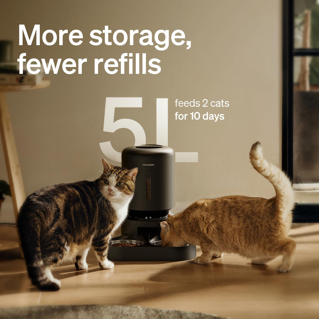 PETLIBRO Automatic Cat Feeder for 2 Cats, 5G&2.4G WiFi Pet Feeders, 5L Programmable Cat Food Dispenser with Airtight Lock-Fresh Technology, Dual Stainless Steel Bowls, Low Food Sensor