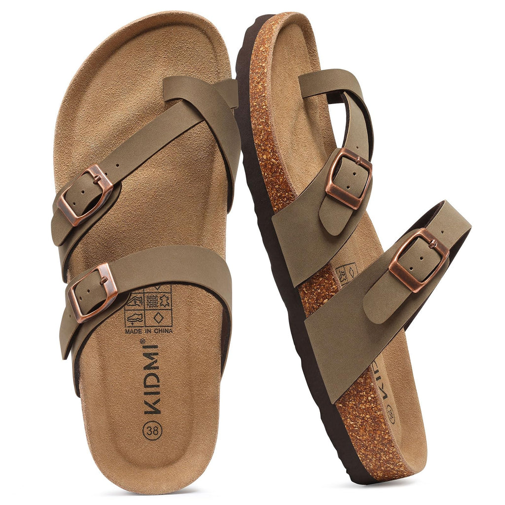 KIDMI Women's Cork Footbed Sandals with Toe Loop, Comfortable Summer Slip-On Slides with Adjustable Buckle, Brown 39