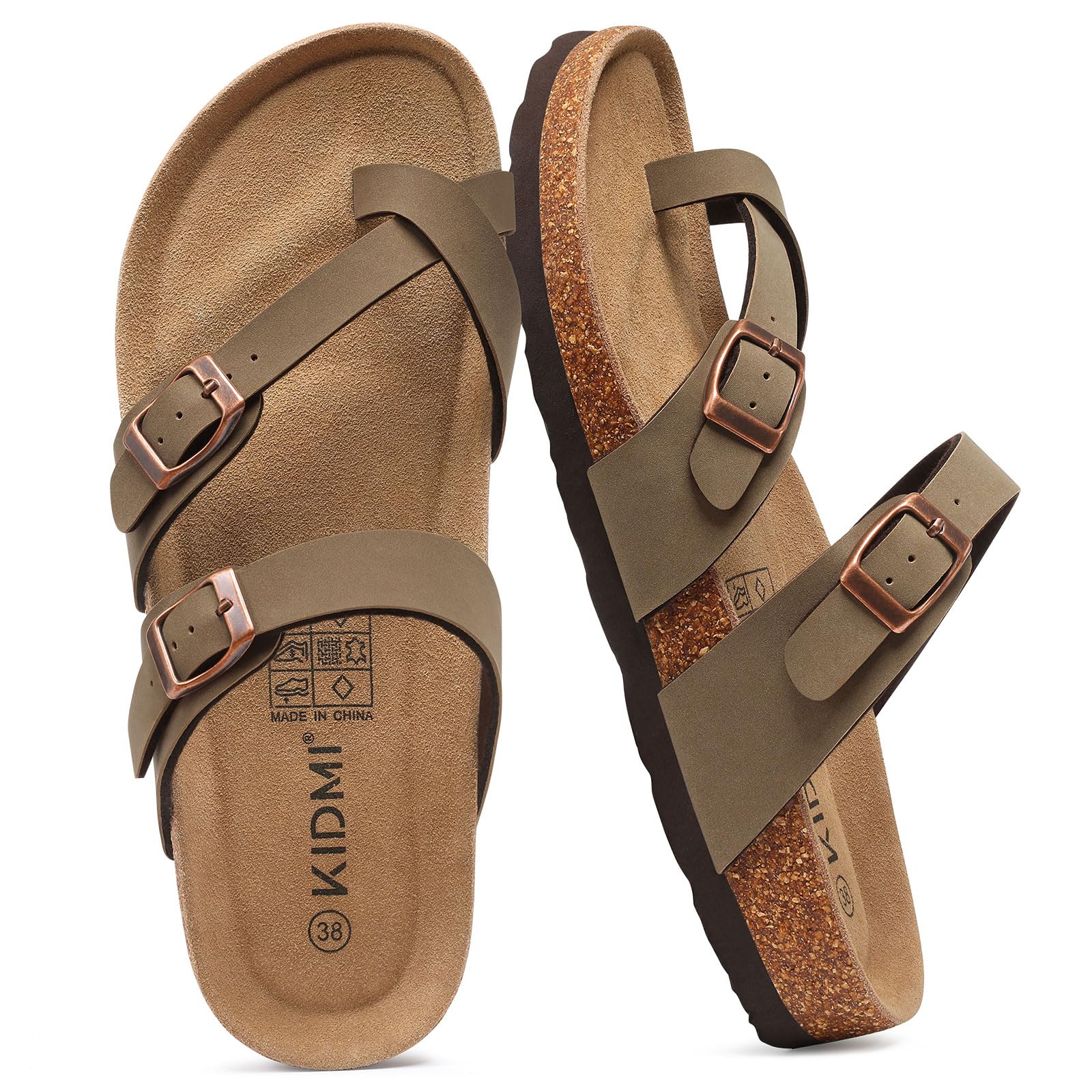 KIDMI Women's Cork Footbed Sandals with Toe Loop, Comfortable Summer Slip-On Slides with Adjustable Buckle, Brown 39