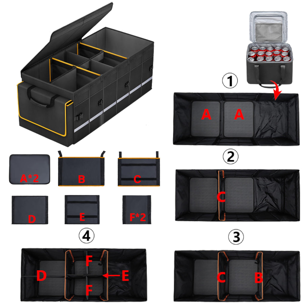 Car Trunk Organizer and Storage with Lid & Removable Leakproof Cooler Bag, Car Accessories 6 Removable Dividers for Custom Space, Collapsible Large Trunk Organizers Interior for SUV Sendan with Cover