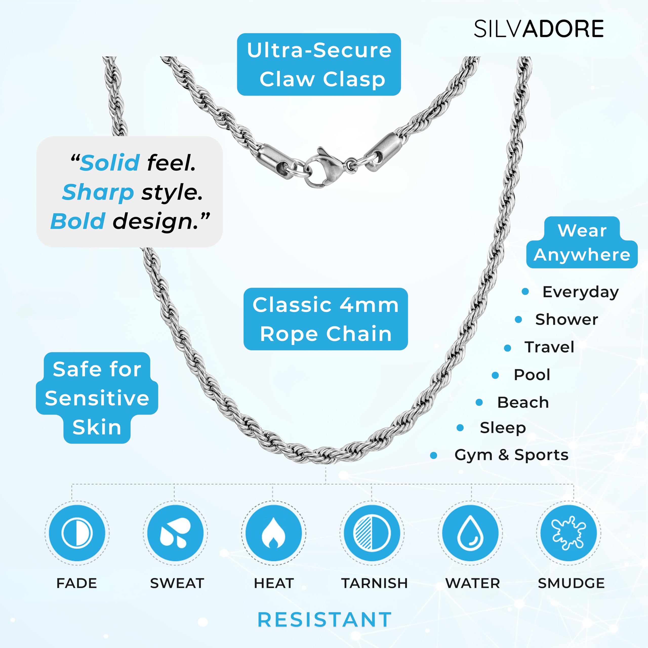 Silvadore 4mm Silver ROPE Chain For Men Necklace Women - Non-Tarnish Strong Stainless Steel - Twist Link Diamond-Cut Jewelry Gifts - 56cm - 22 inch UK