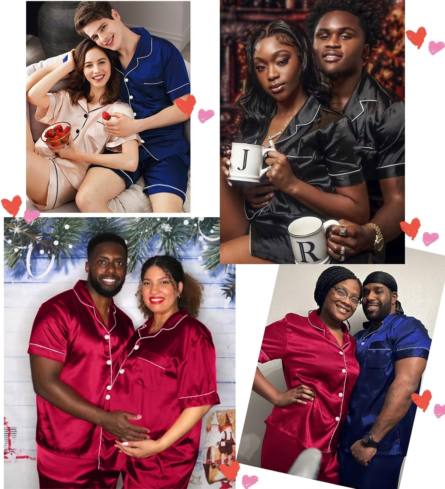SWOMOG Satin Matching Pajamas Sets Couple Silk Button Down Nightwear Women & Men Short Sleeve Sleepwear 2 Pieces Loungewear Black