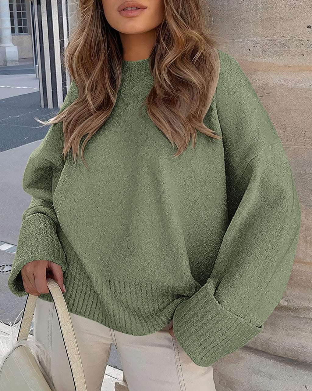 PRETTYGARDEN Women's Fall Oversized Sweaters Casual Crewneck Pullover Long Sleeve Fuzzy Chunky Knit Tops Blouse (Army Green,Large)
