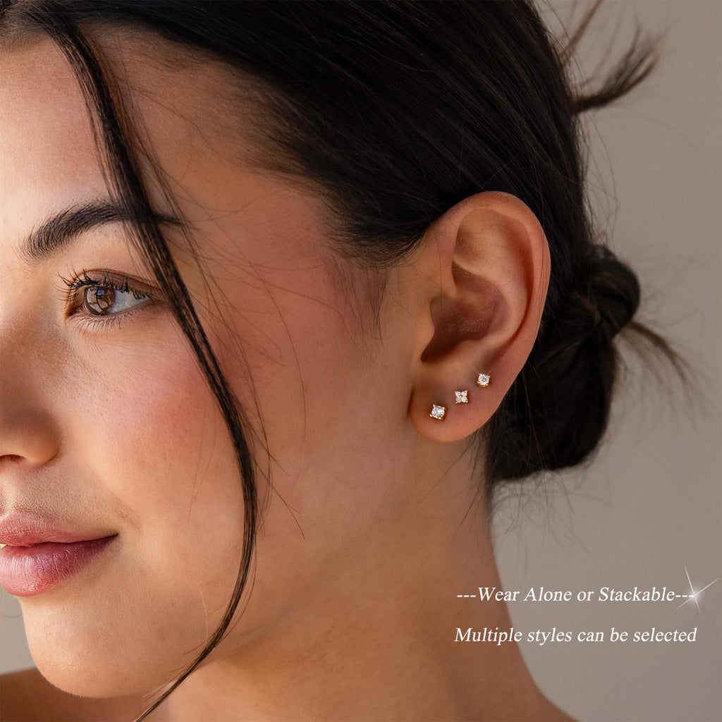 5 Pairs 14K Gold Plated Stud Earrings for Women, Hypoallergenic Earring Sets for Multiple Piercing, Premium Cubic Zirconia Studs Earrings for Women