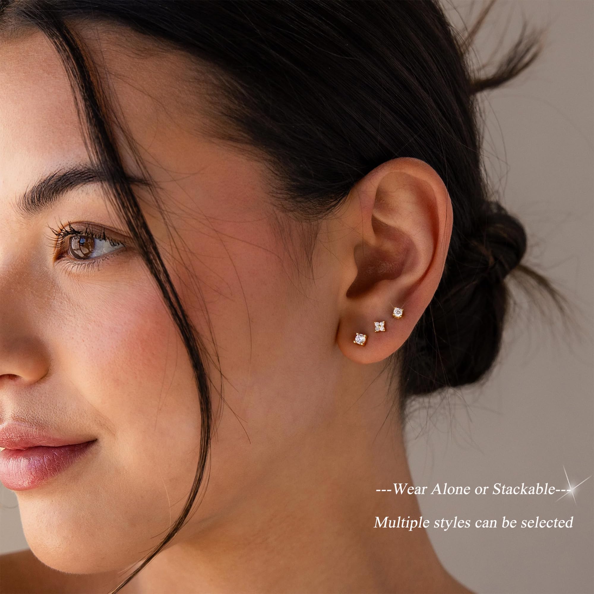 5 Pairs 14K Gold Plated Stud Earrings for Women, Hypoallergenic Earring Sets for Multiple Piercing, Premium Cubic Zirconia Studs Earrings for Women