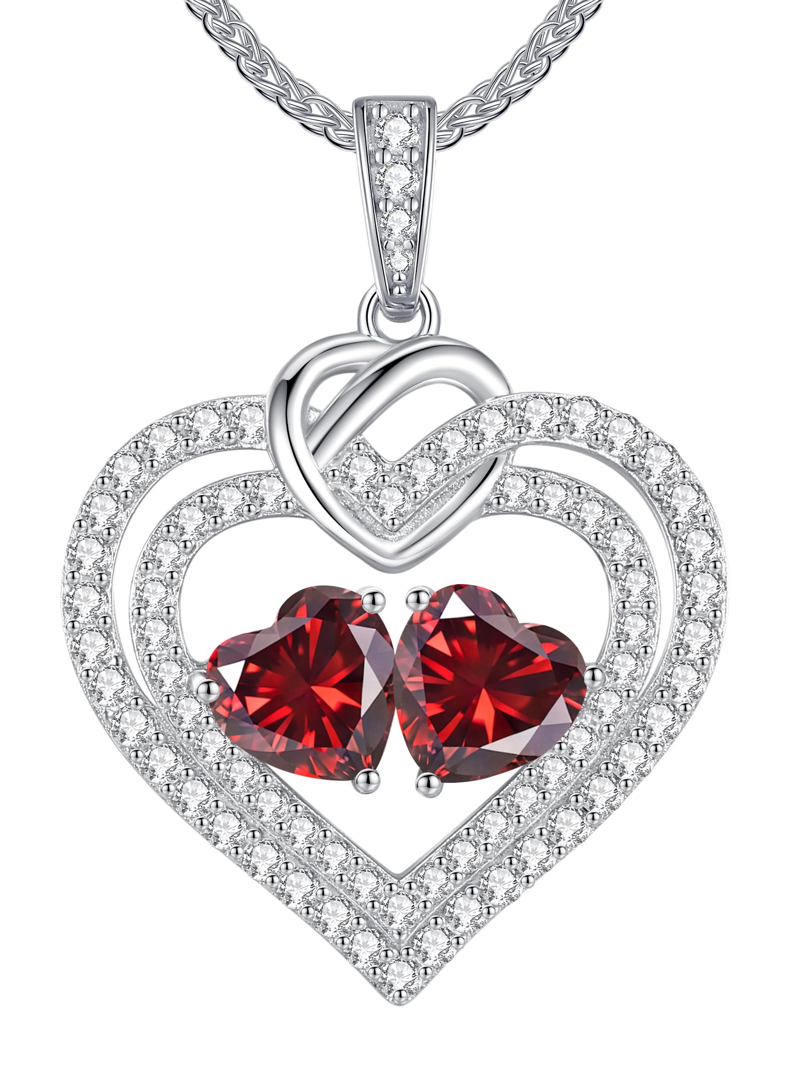 LOUISA SECRET Sparkling Double Heart Birthstone Necklace Gifts for Women, 925 Sterling Silver Fine Jewelry, Pendant Heart Necklace Birthday Anniversary Christmas Gift for Women Wife Mom Girlfriend
