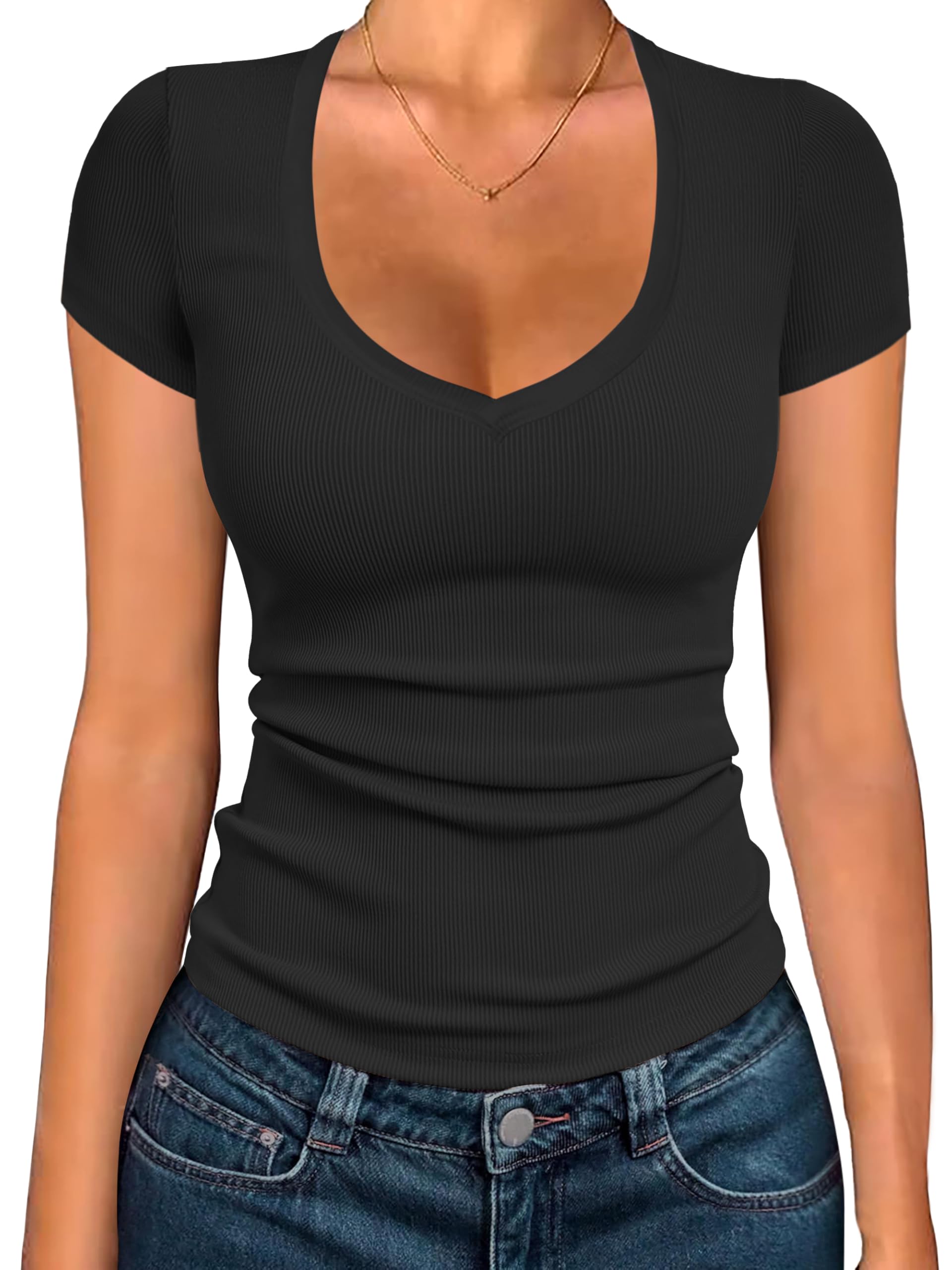 Albe Rita Women Short Sleeve T-Shirt Cap V Neck Shirts for Women Ribbed Casual Top Knit Slim Fit for Summer,Black,M