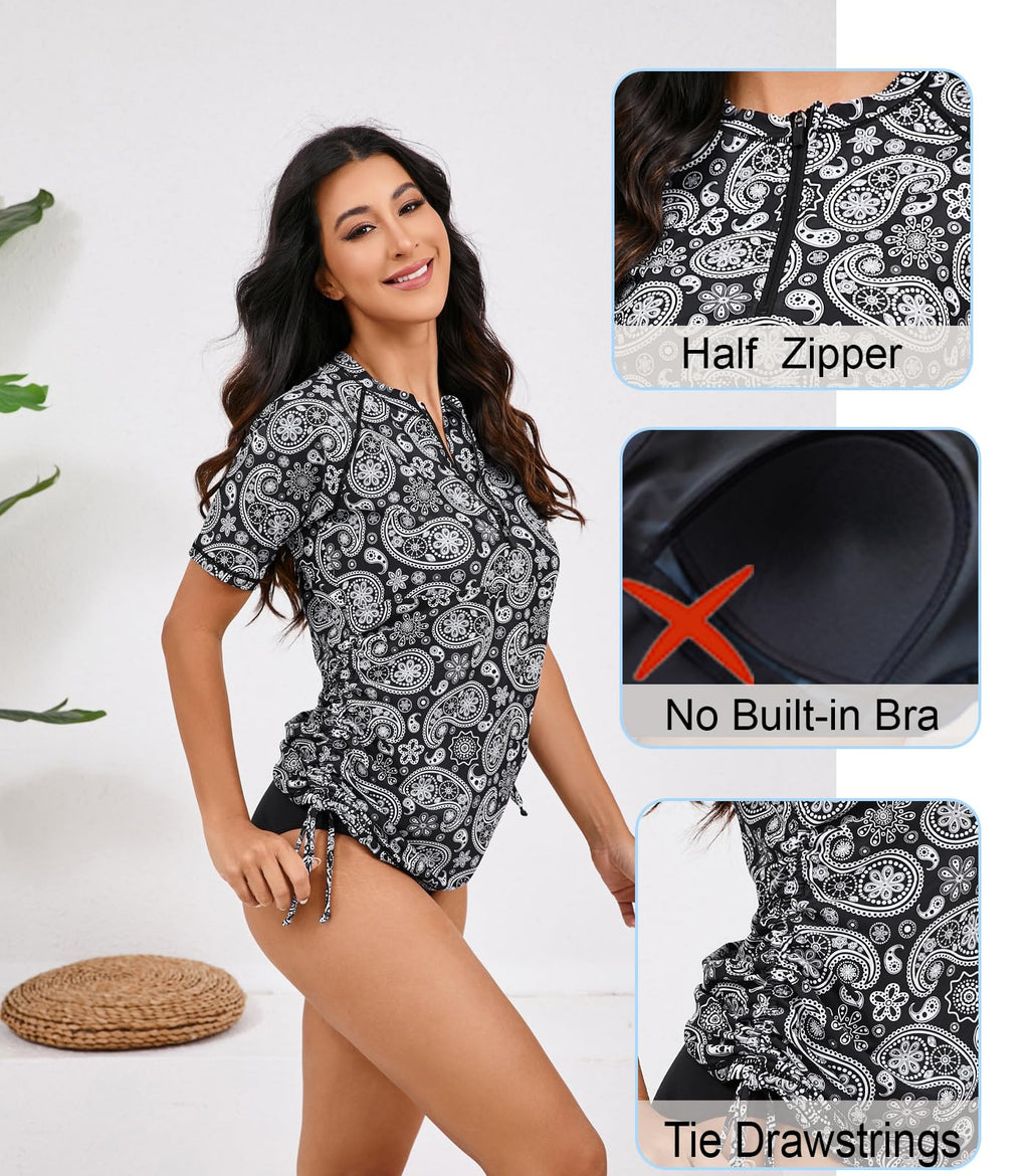 Halcurt Women's Half Zip Short Sleeve Rash Guard Swim Shirt with Tie Drawstring UPF50+ Swimsuit Top Black Paisley S