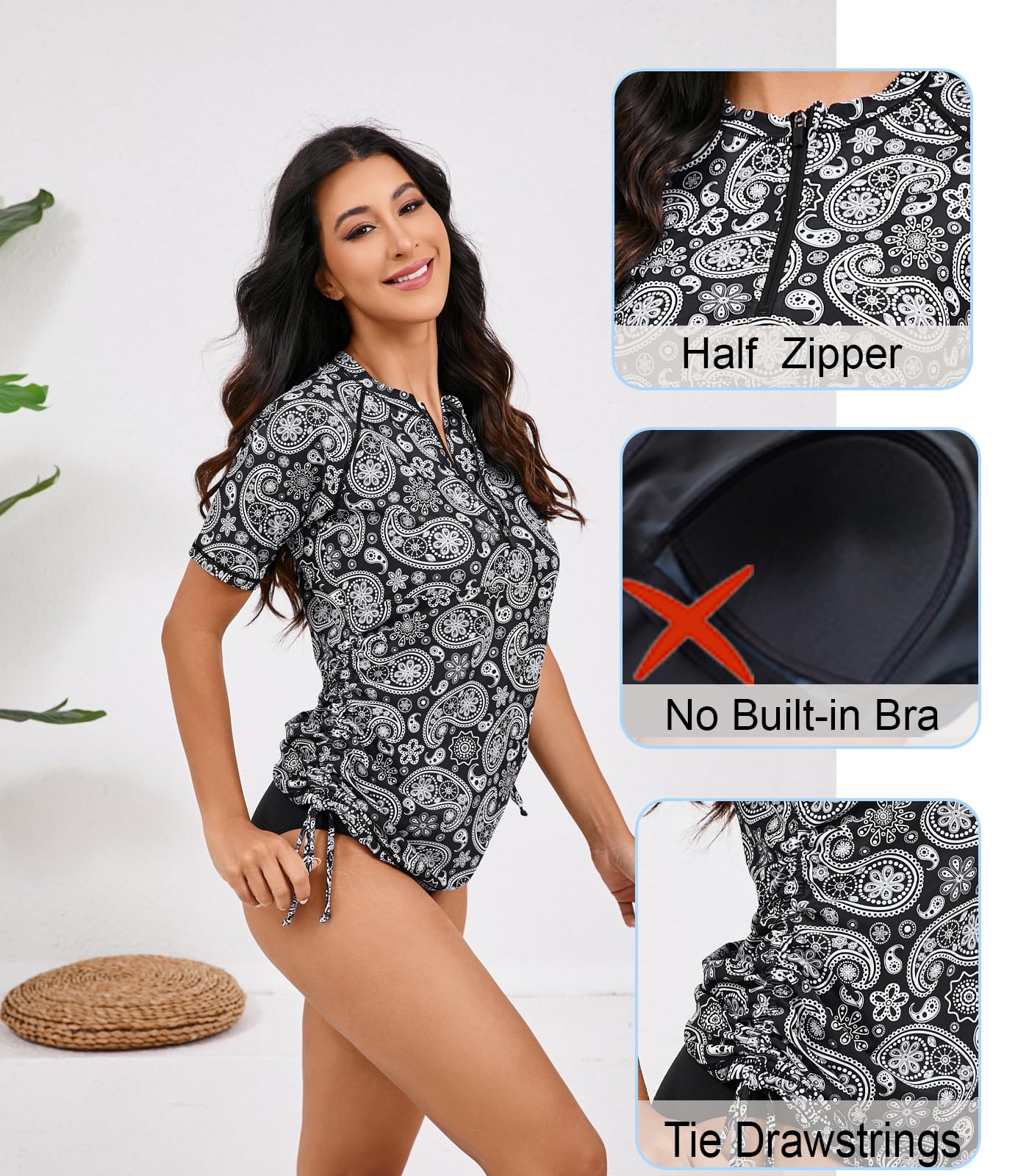 Halcurt Women's Half Zip Short Sleeve Rash Guard Swim Shirt with Tie Drawstring UPF50+ Swimsuit Top Black Paisley S