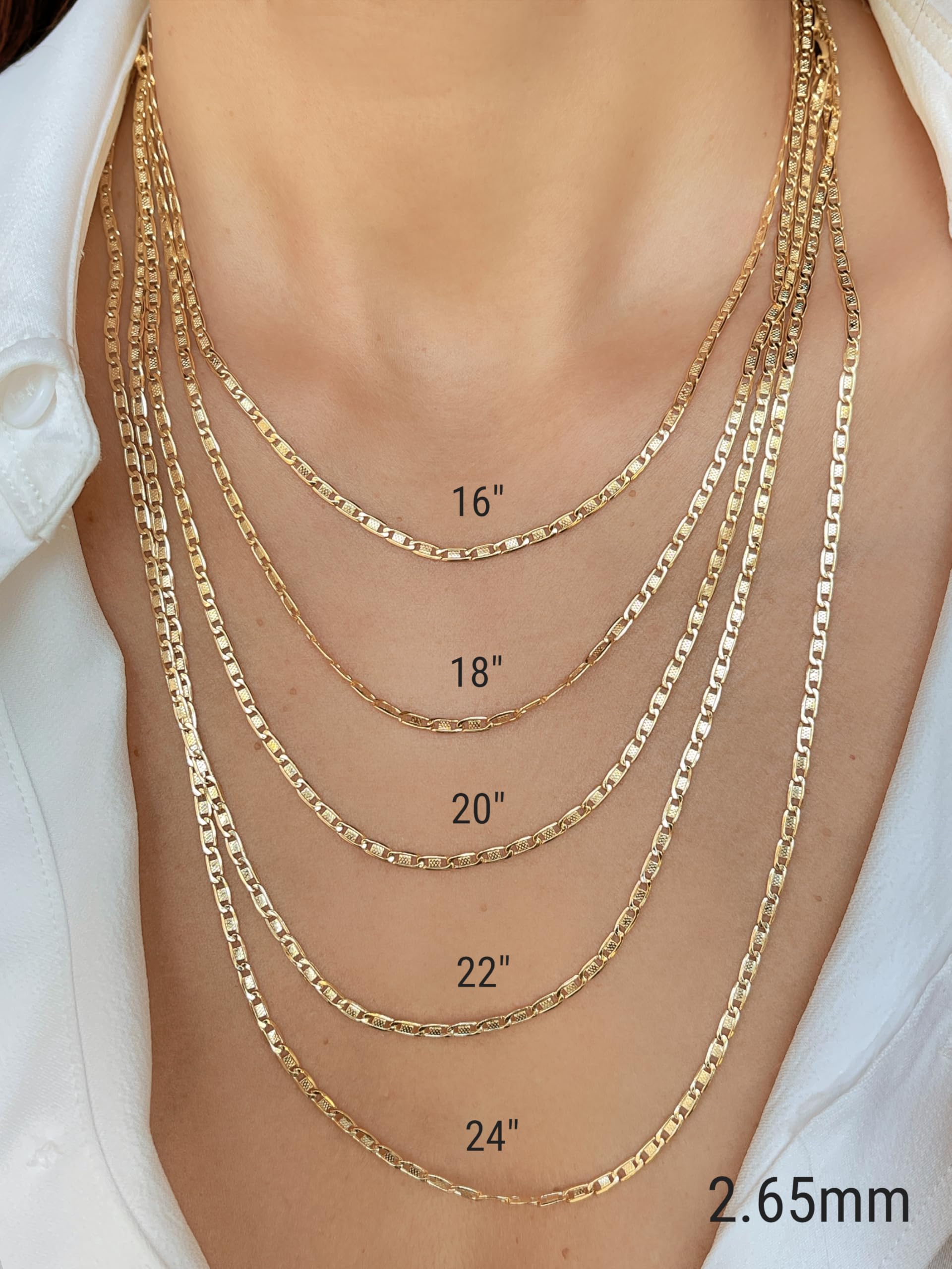JEWELHEART 14K Gold Necklaces For Women Trendy Real Gold Concave Valentino Chain 2.65mm Diamond Cut Flat Links Men's 14K Gold Chain Necklace 22"