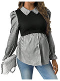 WDIRARA Women's Maternity Striped Button Down Shirts Long Sleeve Collared Blouse 2 in 1 Nursing Top Black Large