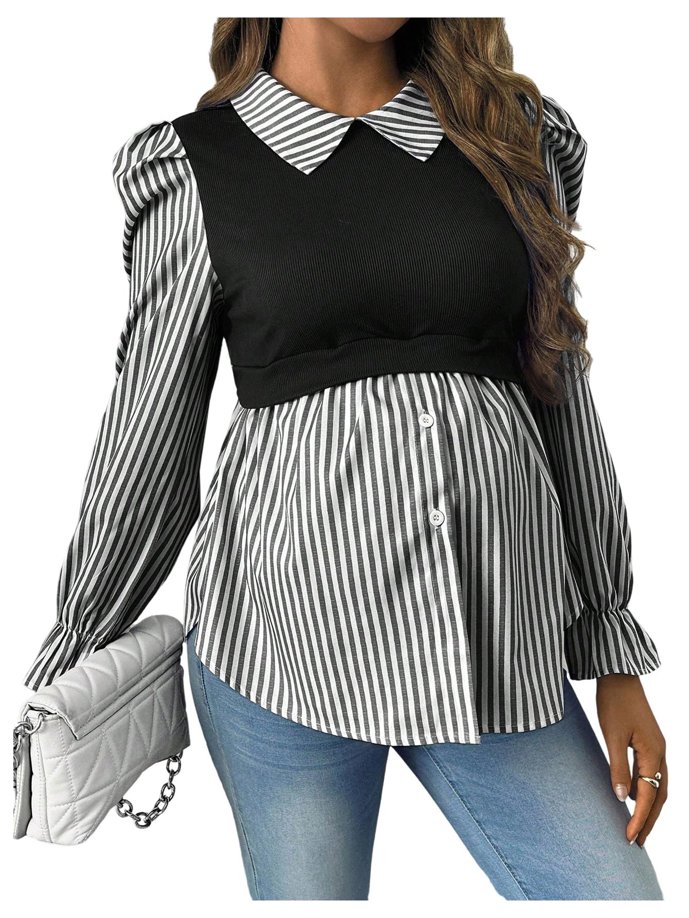 WDIRARA Women's Maternity Striped Button Down Shirts Long Sleeve Collared Blouse 2 in 1 Nursing Top Black Large