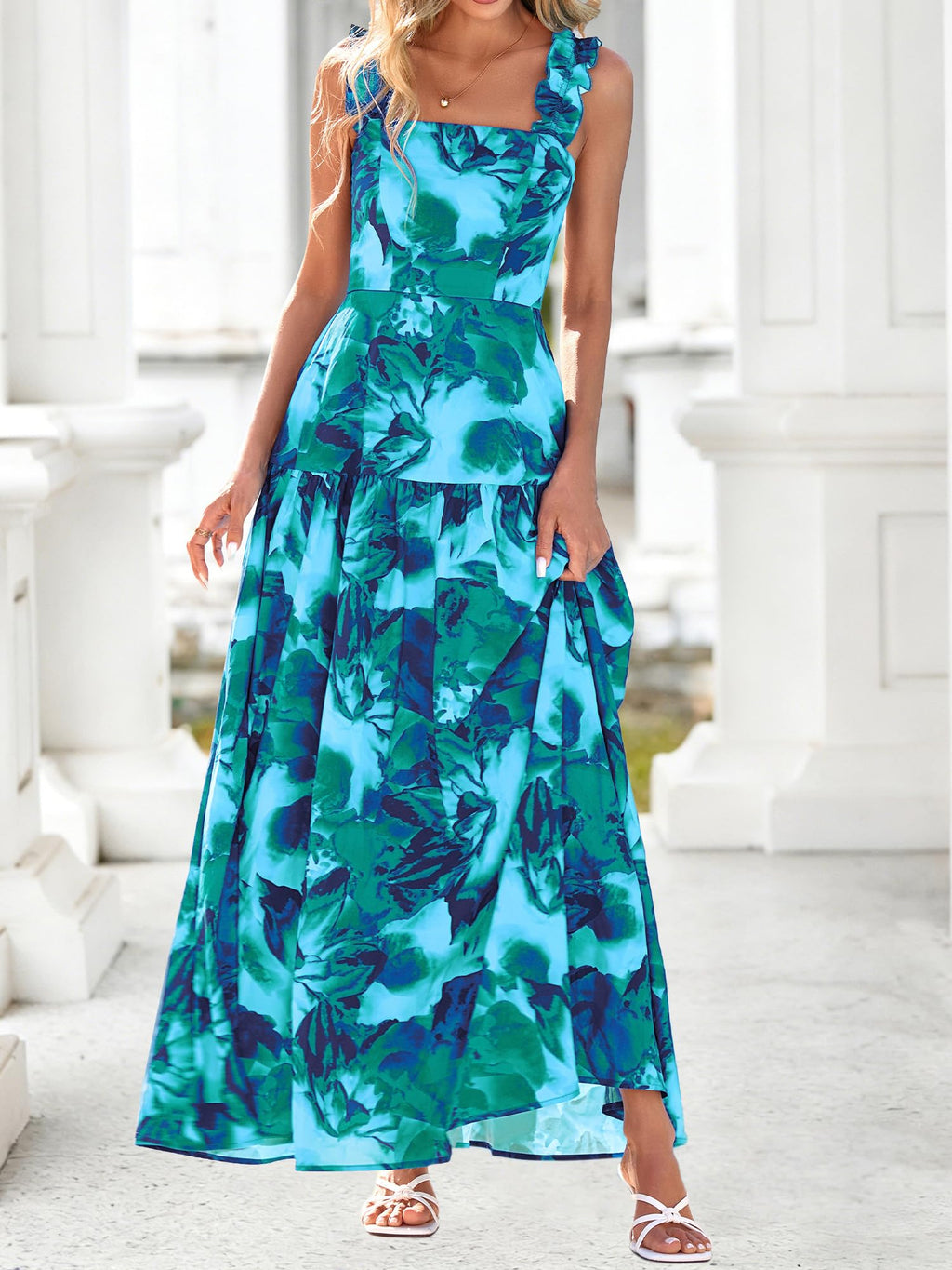 BTFBM Dresses for Women Summer 2026 Formal Sleeveless Smocked Floral Long Wedding Guest Dress Party Spring (Floral Lake Blue,Medium)