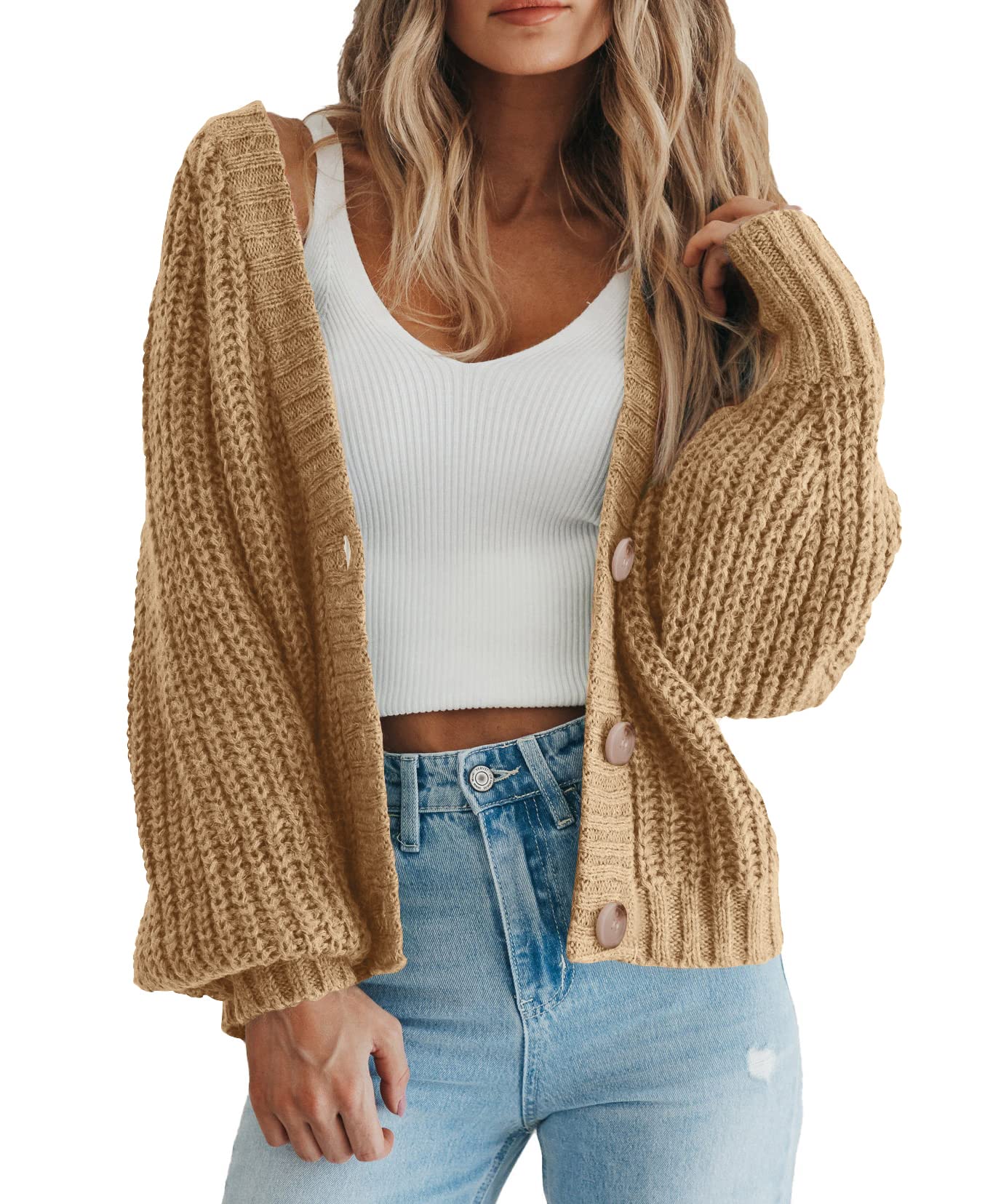 PRETTYGARDEN Long Sleeve Button Up Womens Sweaters Spring 2024 Open Front Plain Cardigans Sweaters Loose Soft Knit Coat Outerwear(Khaki,Medium)